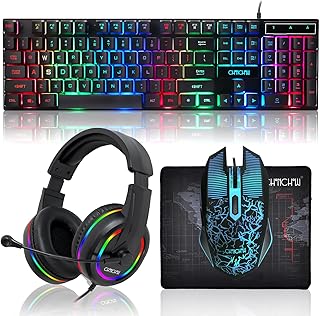 Gaming LED Keyboard Mouse Headset and Mousepad Bundle, CHONCHOW Wired Rainbow LED Light Up Gaming Keyboard Mouse Headset, Value 4 in 1 Game Set for Xbox PS4 PS5 PC Laptop Gamer