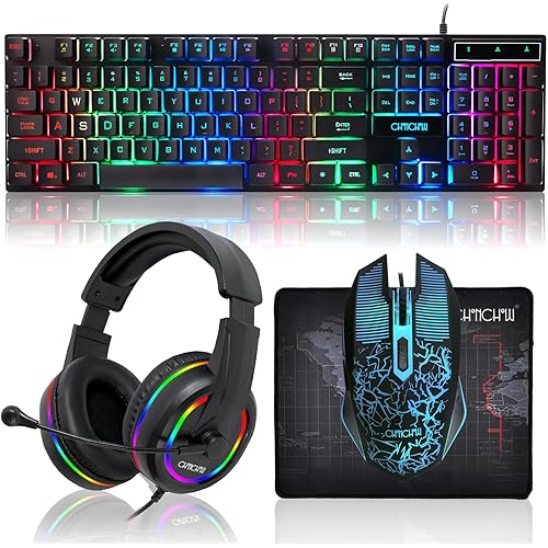 Gaming LED Keyboard Mouse Headset and Mousepad Bundle, CHONCHOW Wired Rainbow LED Light Up Gaming Keyboard Mouse Headset, Value 4 in 1 Game Set for Xbox PS4 PS5 PC Laptop Gamer