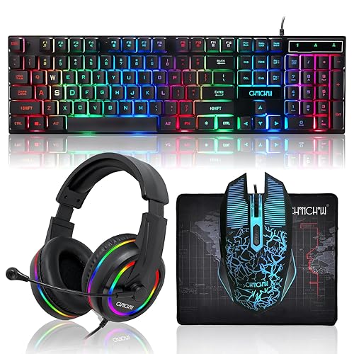 Gaming LED Keyboard Mouse Headset and Mousepad Bundle, CHONCHOW Wired Rainbow LED Light Up Gaming Keyboard Mouse Headset, Value 4 in 1 Game Set for Xbox PS4 PS5 PC Laptop Gamer