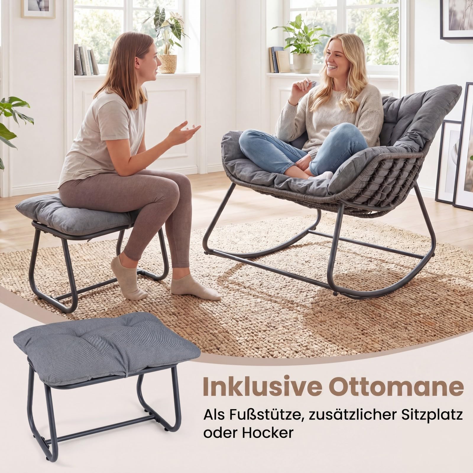 COSTWAY Schaukelstuhl mit Hocker, übergroßer Schaukelsessel mit dickem & abnehmbarem Kissen, Relaxsessel bis 150 kg belastbar, für Balkon, Garten und Wohnzimmer (Grau)