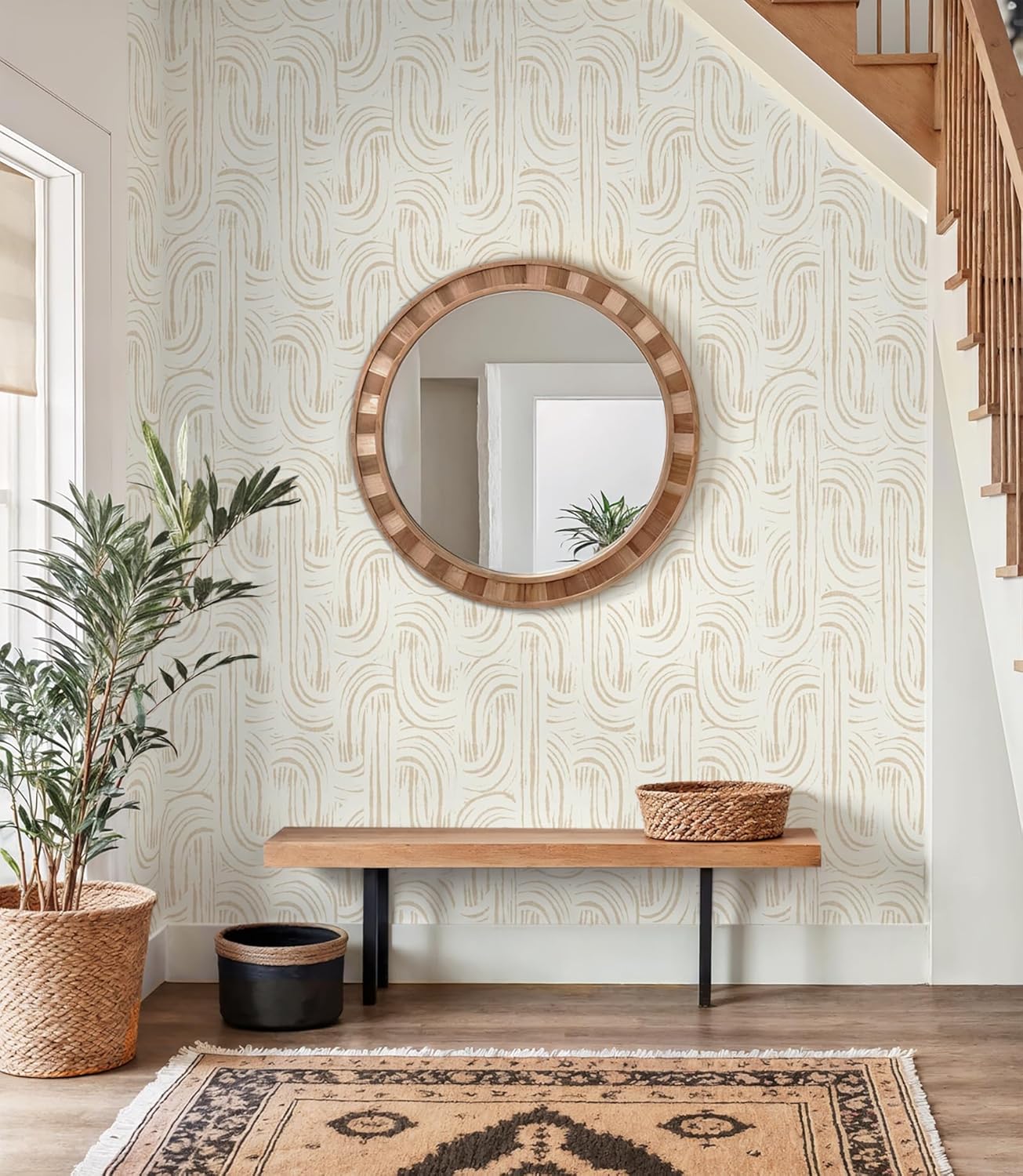 Guvana Peel and Stick Wallpaper Boho Abstract Contact Paper Neutral Beige Geometric Wall Paper Mid Century Modern Removable Self-Adhesive Vinyl Wallpaper for Bedroom Bathroom Accent Walls 17.3"x394"