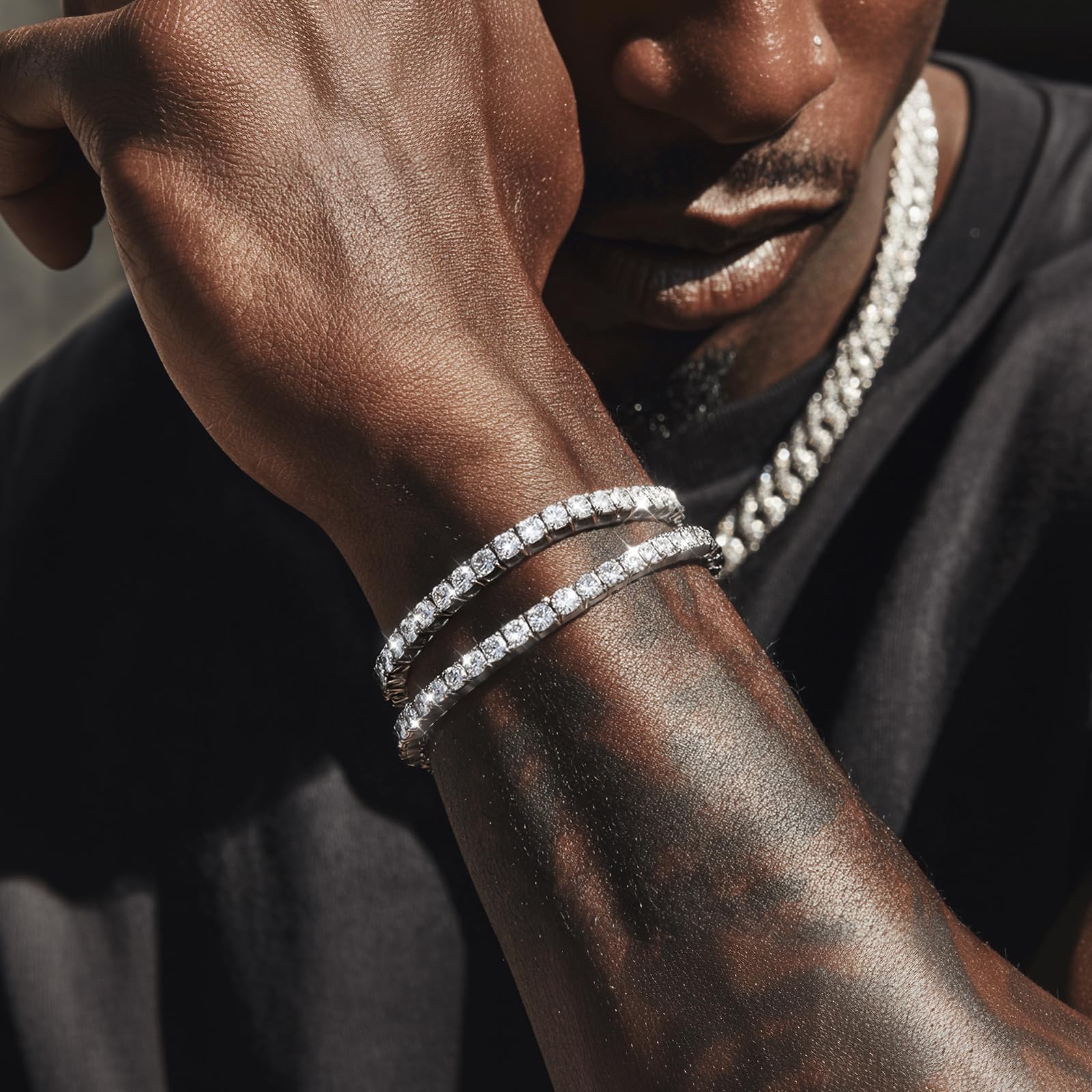 J.Fée 4MM Bracciale Tennis Uomo Argento 925 Braccialetti, 2 Pezzi Tennis Uomo Bracciale con Zirconi Cubici, Bracciali Ipoallergenico Sovrapponibili Braccialetto Regalo Per Uomini