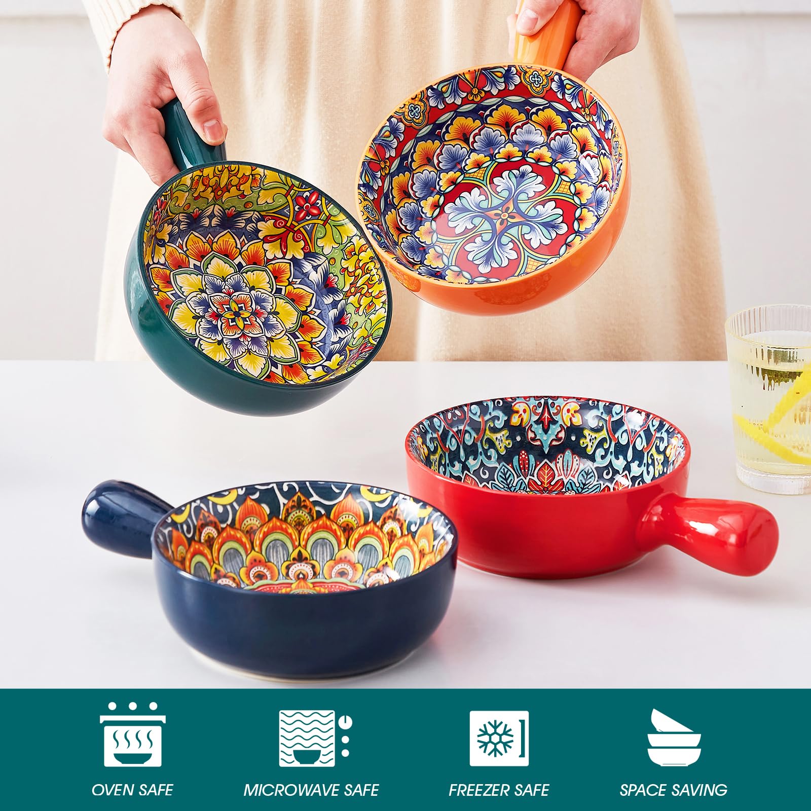 vancasso Set di 4 Zuppiera con Manici da 690ml, Ciotole per Cereali in Porcellana, Piatti Fondi, Insalatiera, Ciotole da zuppa di Cipolle Francesi, Sicuro in Microonde e Lavastoviglie, Stile Boho