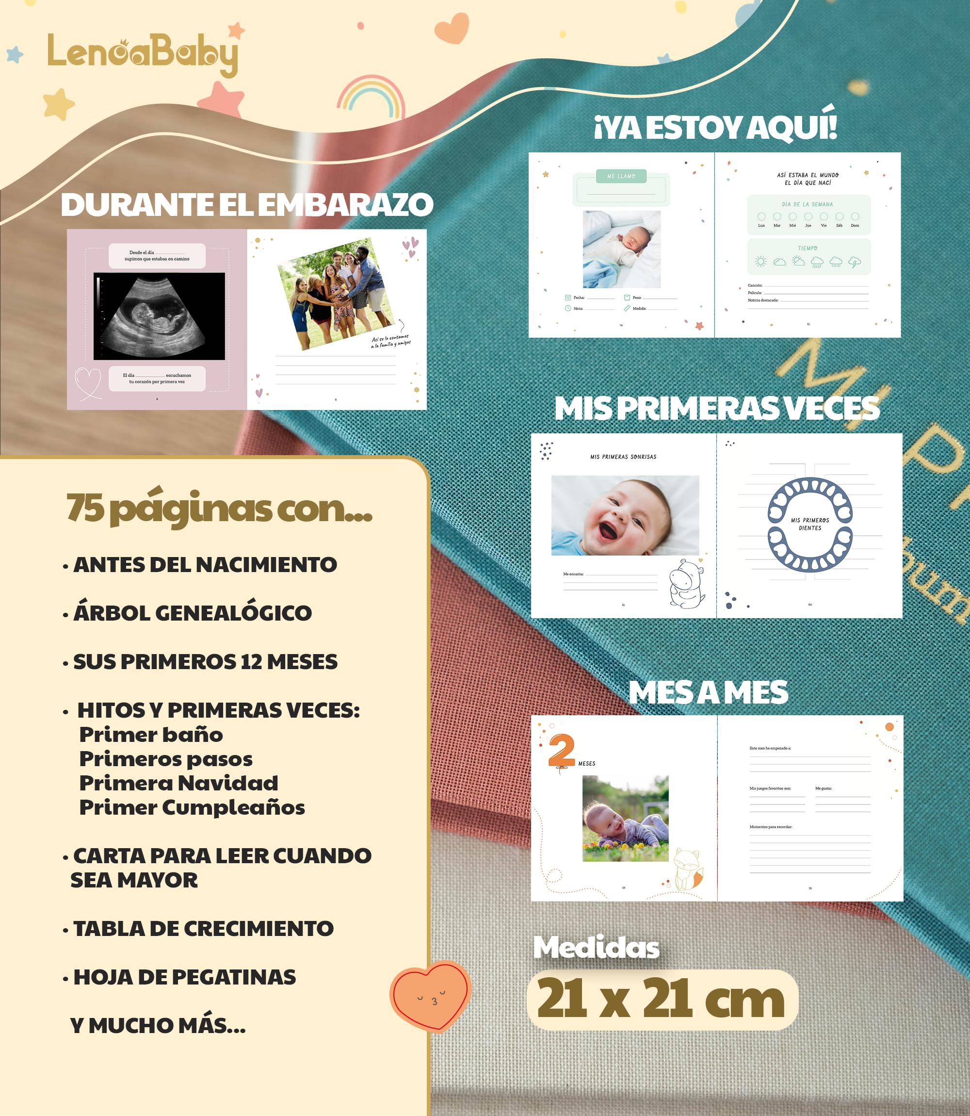 Álbum de recuerdos LenoaBaby para el primer año del bebé, con cubierta de lino y detalles dorados.
