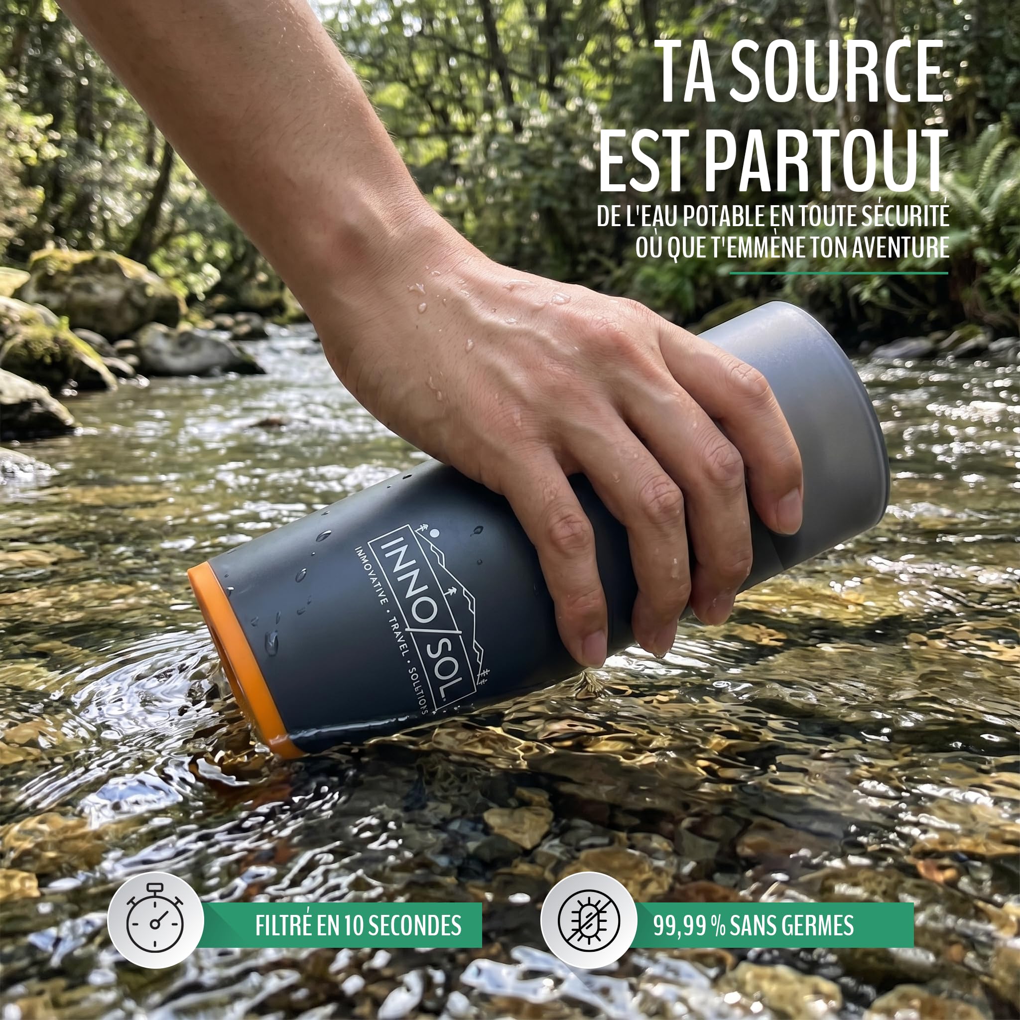 Gourde Filtrante pour Eau Non Potable I Filtre Eau Survie 0,01μm I Purificateur d'eau survie 500 ml I Filtre eau randonnée 3000 I Sans BPA avec mousqueton I Anti-fuites 360°