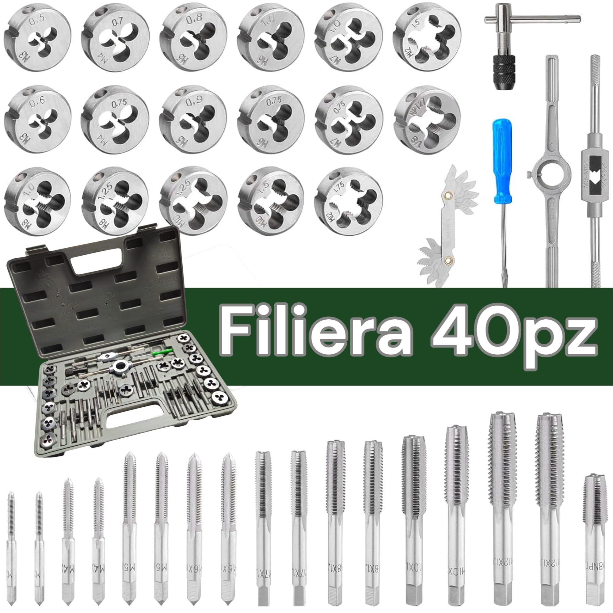 Lot de 40 filières métriques avec tourne-femelle et mallette en plastique, filière en acier au carbone, mesures métriques et pouces 1/8NPT-27, kit de filetage professionnel