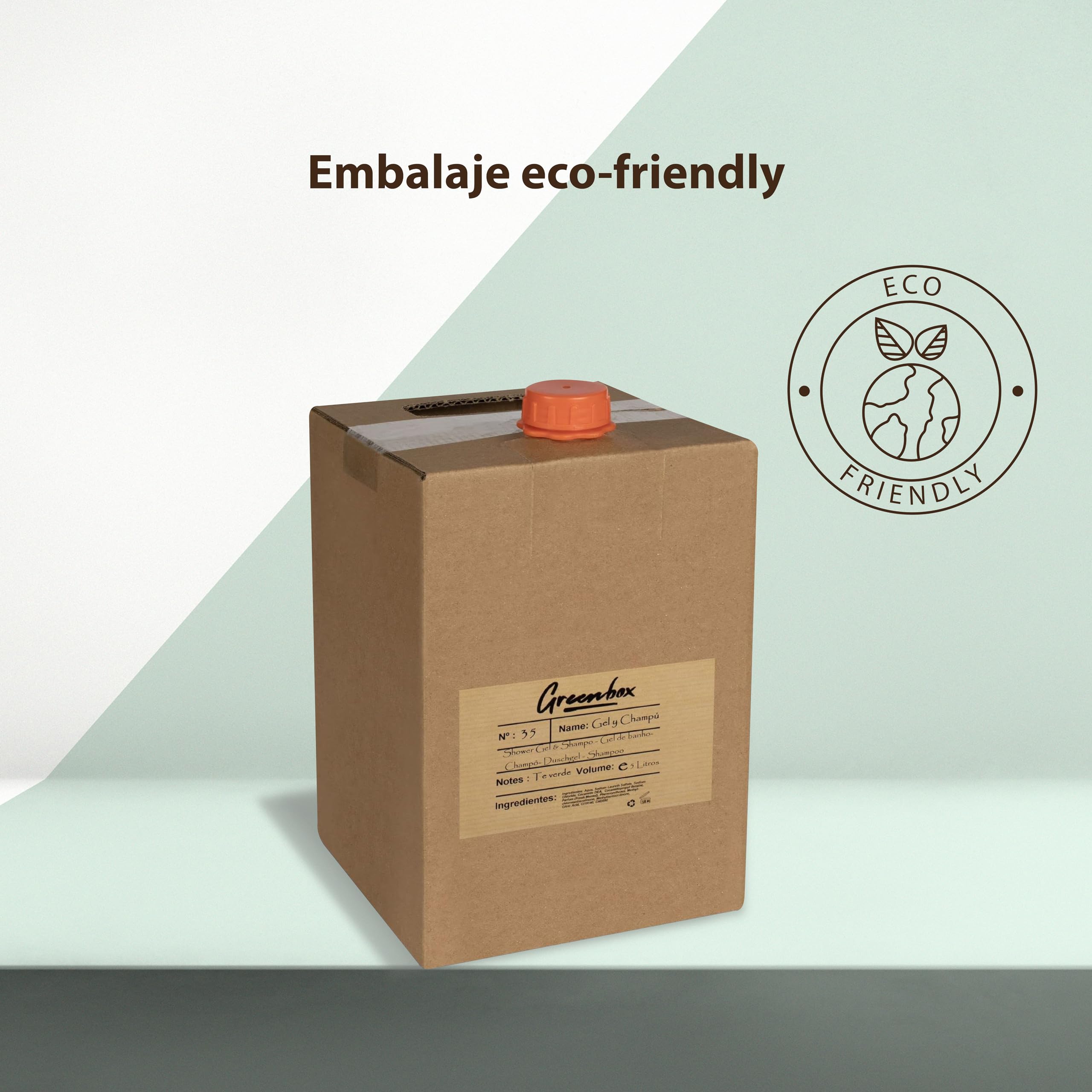 Recharge gel & shampoing en "bag in box" BIO - Gel douche et shampoing 2en1 à l'arôme thé vert, 5L. Emballage et poignée de transport écologiques. Économisez de l'argent et aidez l'environnement.