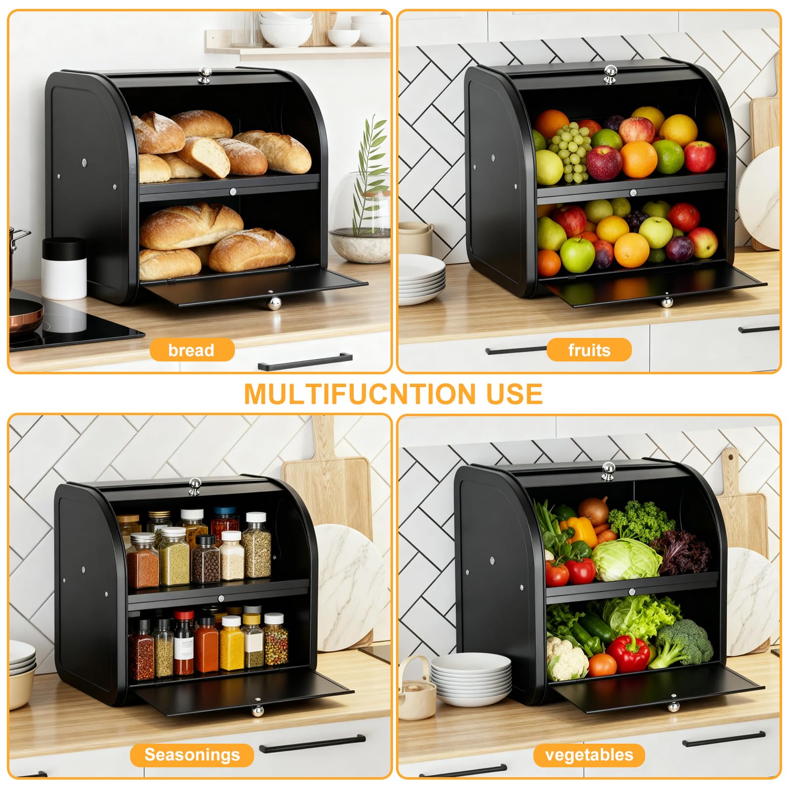 Panera, panera doble para cocina, panera grande con tapa enrollable | esquina | 2 niveles | negro | 35 x 25 x 33 cm