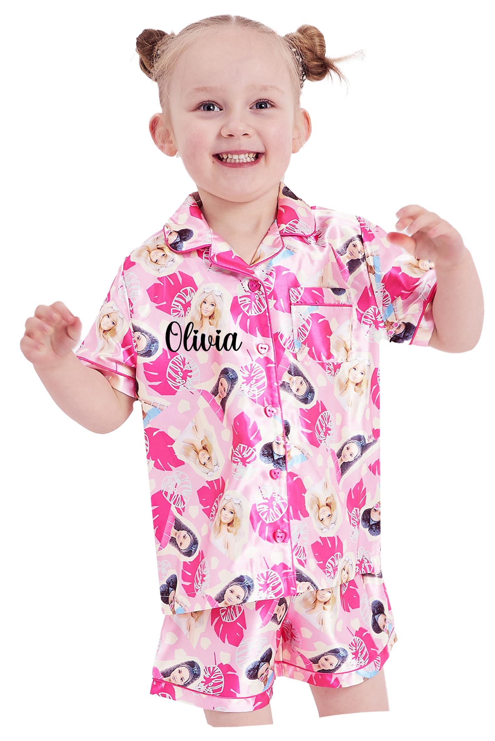 Barbie Girls Personalised - Satin Short Pyjamas Personalised Name Satin Button Pyjamas (, 11-12 Years)