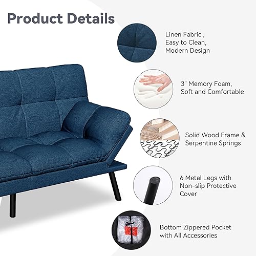 Miniatura 49 de Vyfipt Sofá cama tipo futón, sofá pequeño de espuma viscoelástica de piel sintética para sala de estar, sofá biplaza moderno con reposabrazos Negro