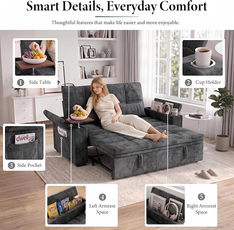 Dreamzie 65'' Convertible Sleeper Sofa Bed with Swivel Side Table, Chenille Pull Out Couch for Living Room, Loveseat Sleeper Couch with Hidden Storage Space | Charging Port | Cup Holders, Grey image 5