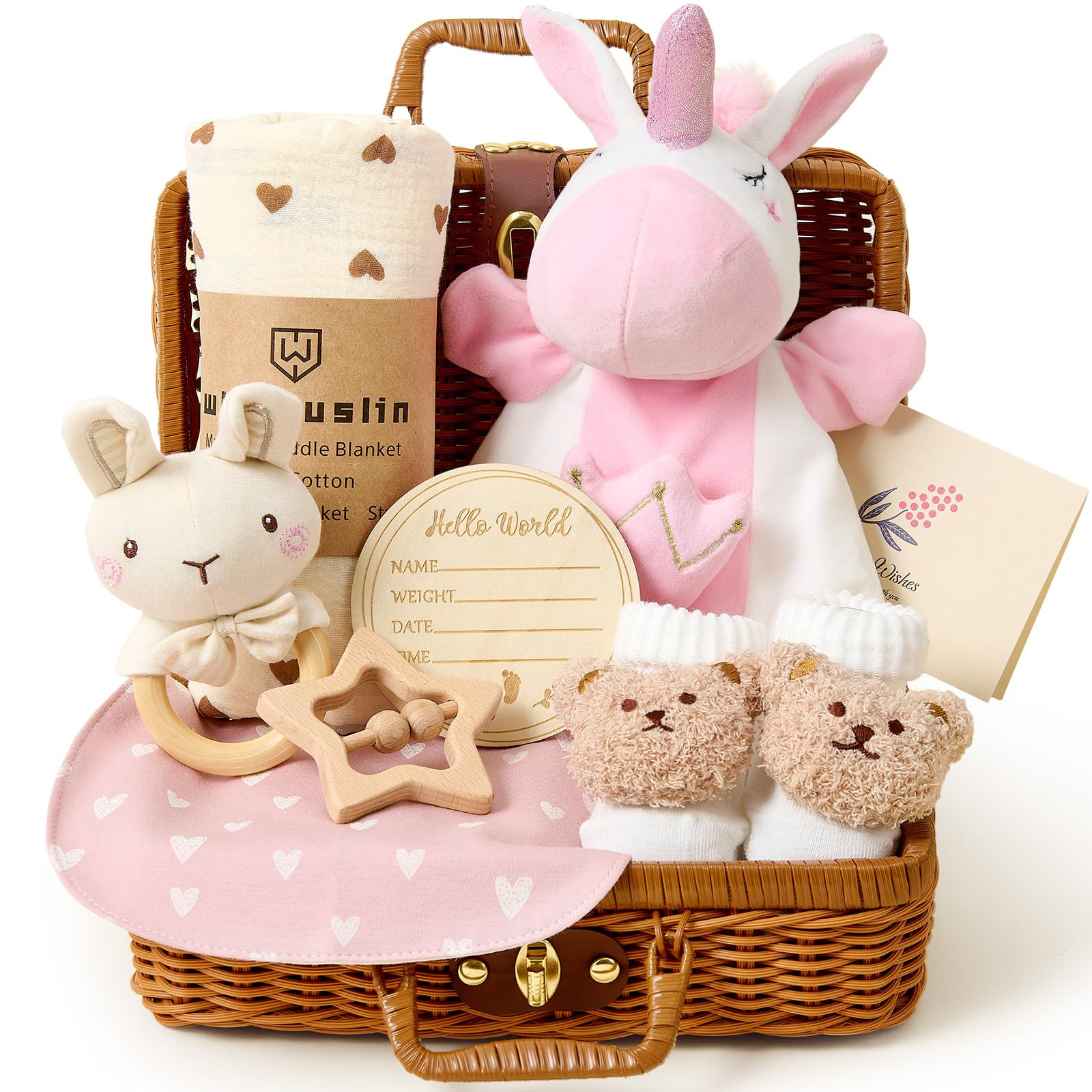 Newborn Baby Girl Gifts 10 in 1 New Born Hamper with Unicorn Comforter Wooden Rattle Bib Socks Blanket Greeting Cards New Parents Baby Essentials Baby Shower Gifts Boys Girls Unisex