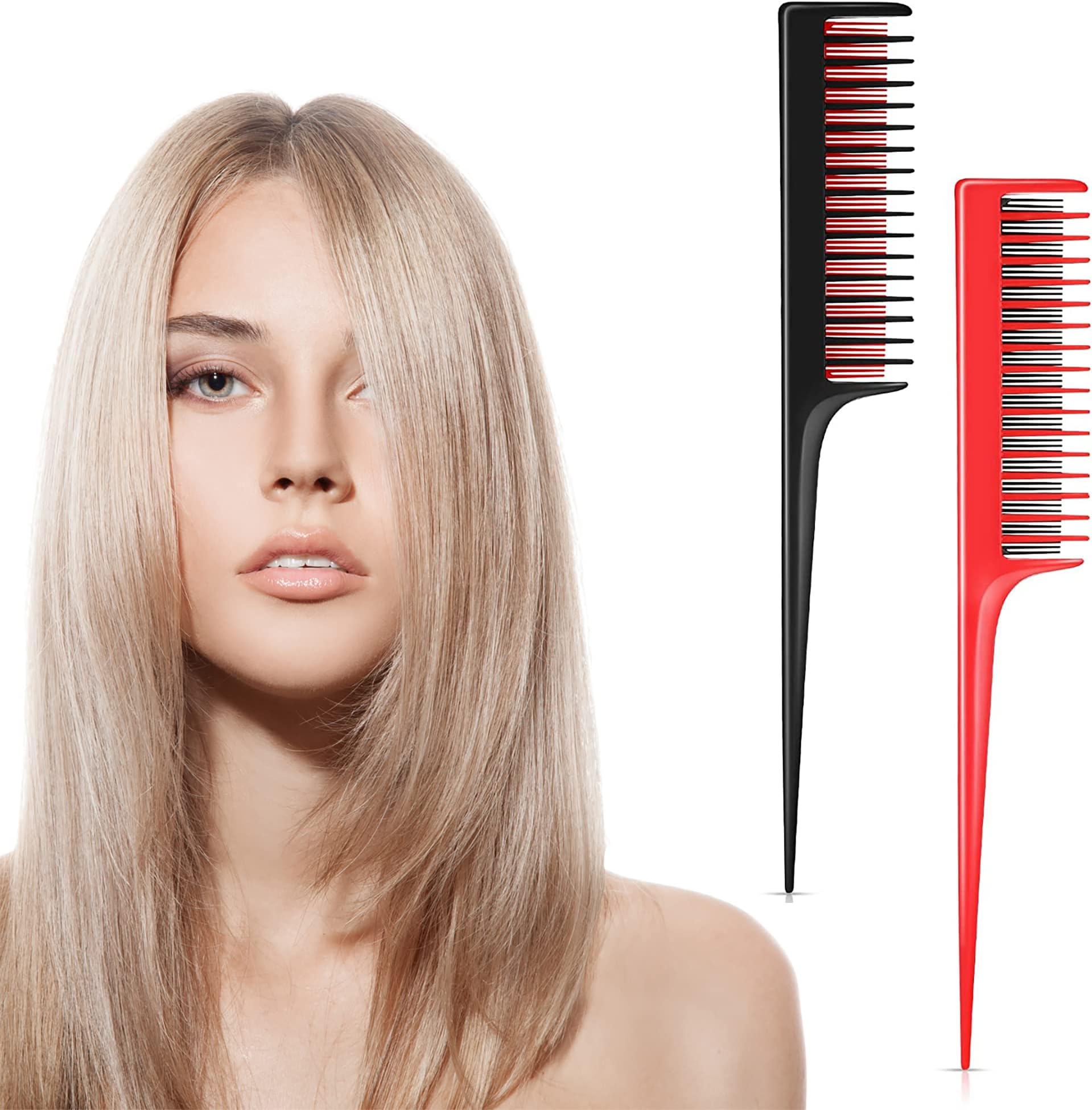 IRYNA 2Pcs Back Combing Combs Hairdressing Back Combing Brushes Triple Teasing Comb Black and Red Hair Root Teasing Rat Tail Comb for Back Combing Root Teasing, Evening Styling, Adding Volume