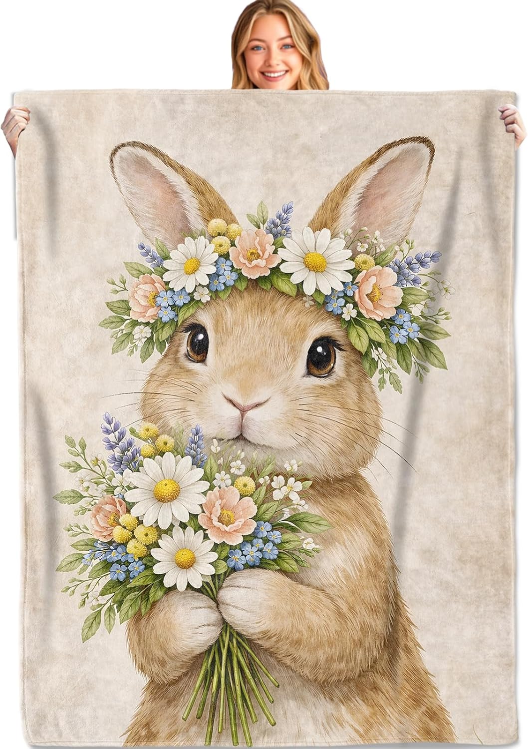 Cute Bunny Flower Blanket Soft Lightweight, Whimsical Rabbit Floral Flannel Throw Blankets for Couch Sofa Camping Office Travel Home Bedroom Decor, Kids Women Gifts 60"X50"
