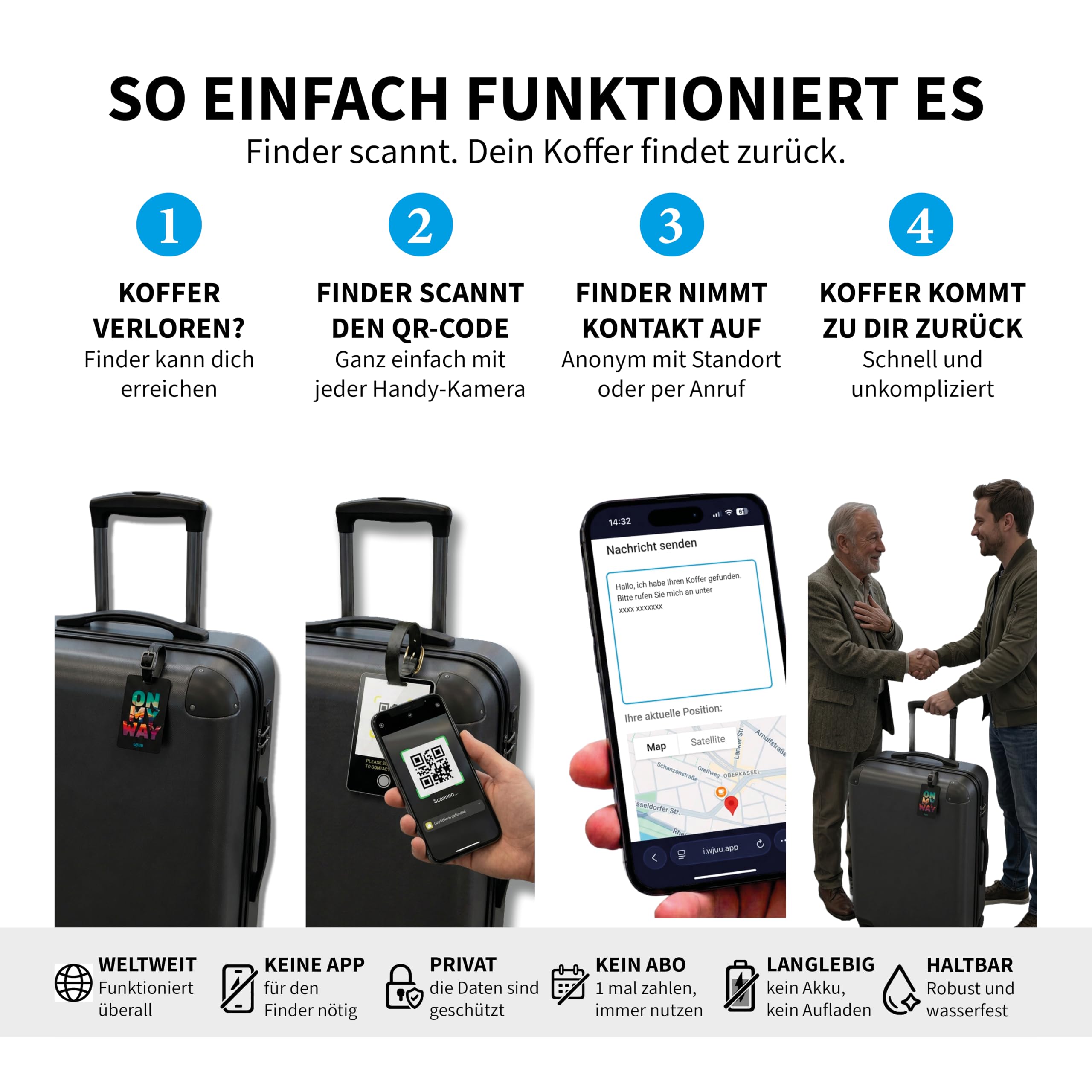 Lot de 3 étiquettes de bagage intelligentes « On my way » - Profil numérique avec application - Contact de recherche par message et téléphone