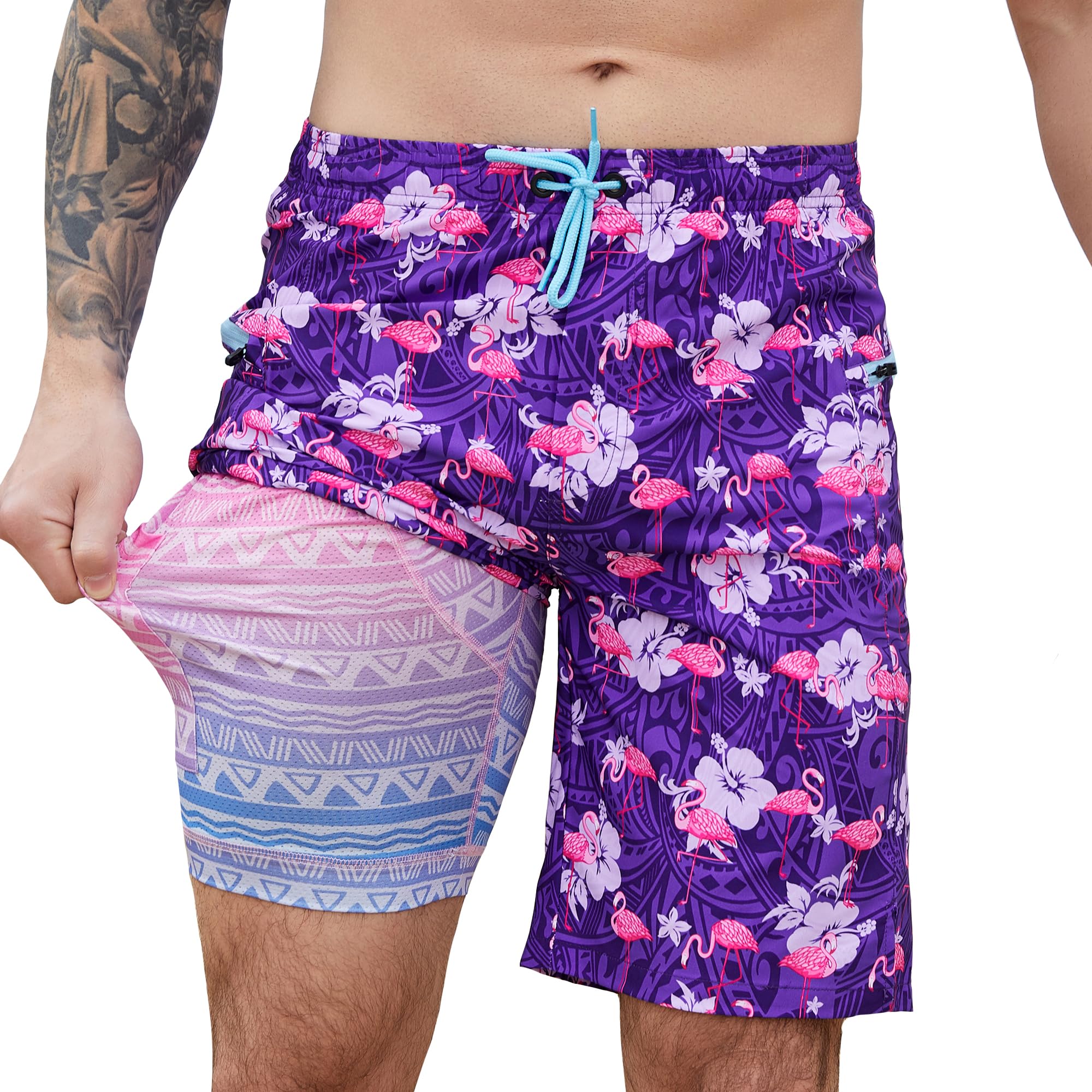 AYUNIX Men's Swim Trunks with Compression Liner Swim Shorts Board Shorts 9 Inch Quick Dry Bathing Suit with Zipper Pockets