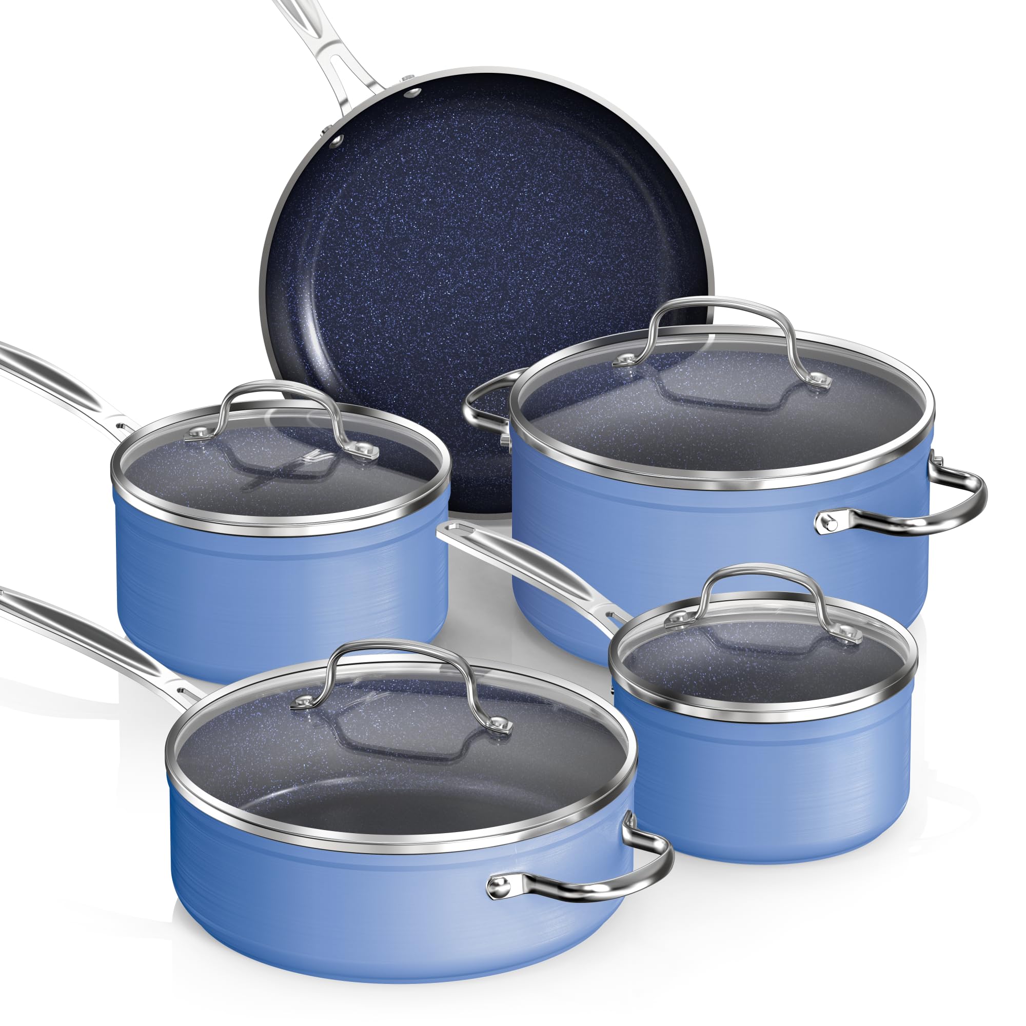 Nuwave Healthy Duralon Blue Ceramic Nonstick Coated 9pc Cookware Set, Scratch-Resistant Diamond Infused, PFAS Free, Induction Ready & Evenly Heats, Oven Safe, Tempered Glass Lids, 9 PC, Cozy Blue