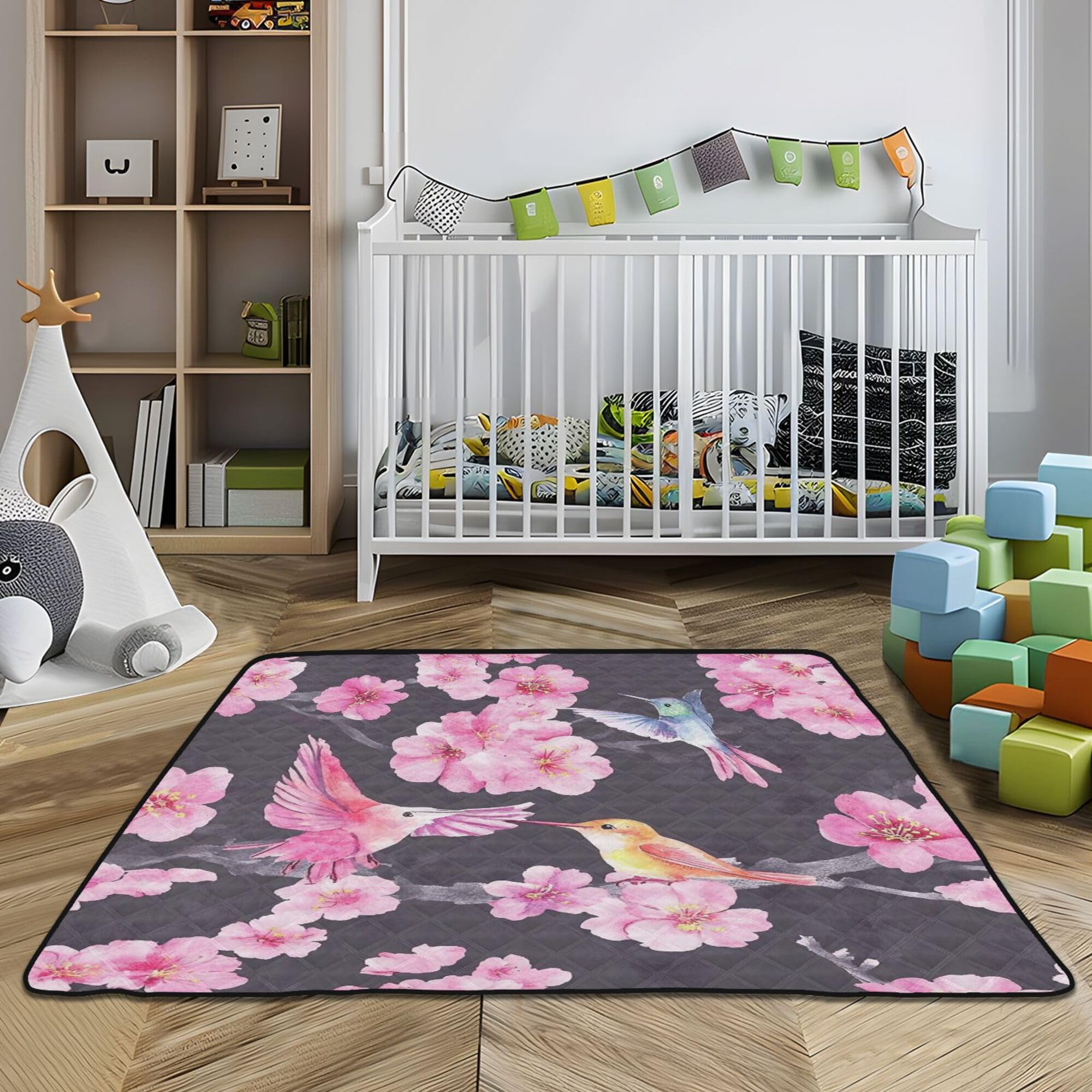 Kwiaty kolibry - 1 miękka piankowa mata gimnastyczna dla niemowląt i mata do aktywności na podłogę lekka mata do zabawy dla niemowląt maluch niemowlę, 127 cm x 127 cm