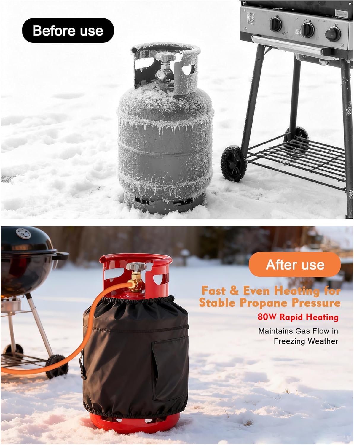 Propane Tank Heater Blanket with Thermostat & Timer – 80W Adjustable LP Cylinder Warmer, Fits 20-30-40 LB Gas Tanks, 41.7x12.2in, 41–122°F, for Outdoor & Industrial Use