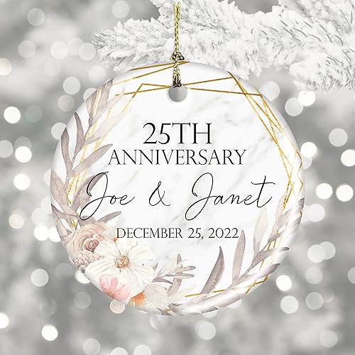Miniatura 4 de Personalized Anniversary With Geometric Wreath 3 Inch Ceramic Christmas Ornament With Gift Box