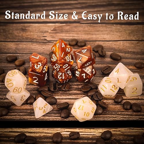 Miniatura 3 de DND - Juego de dados con temática de café y azúcar (14 piezas) con +3 tazas de silicona de poción de resistencia para almacenamiento, 7 dados