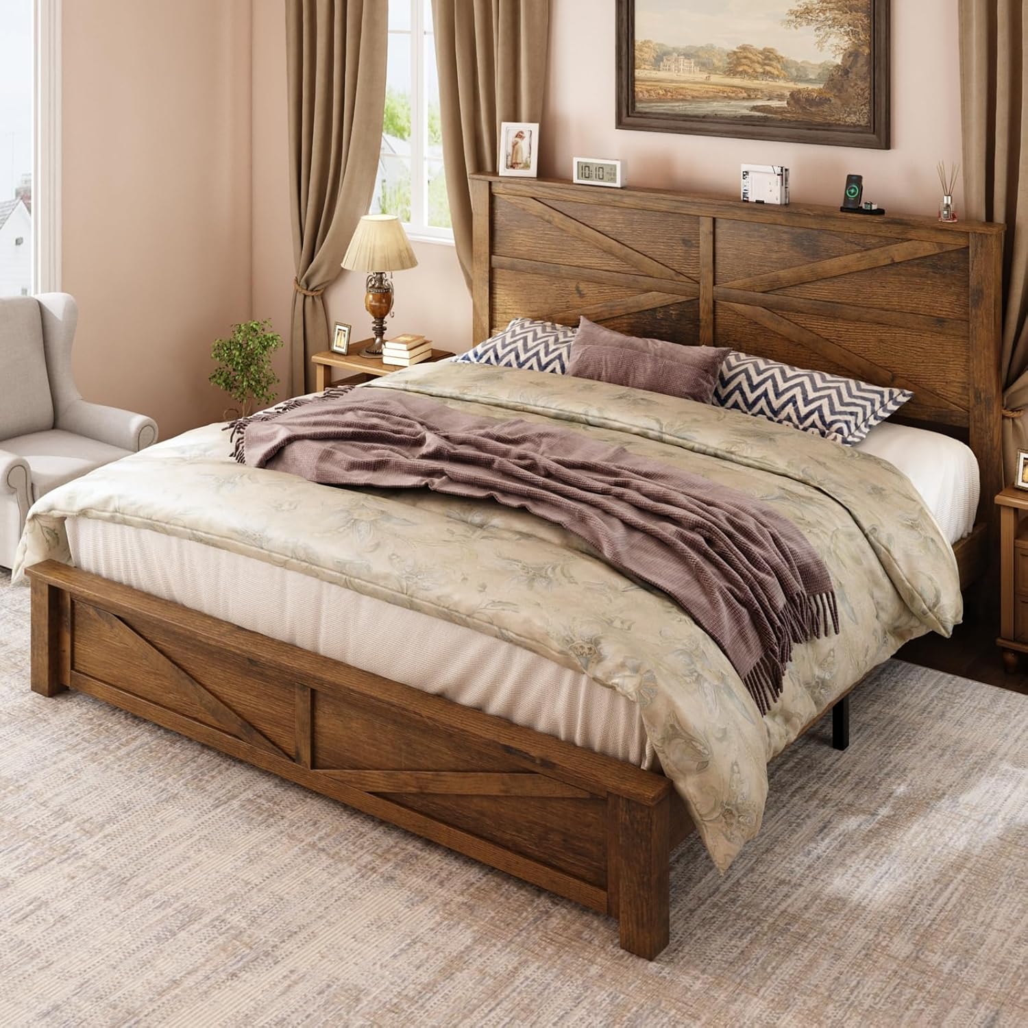 Farmhouse King Size Wood Bed Frame with Geometric Headboard, Wooden Platform Bedframe with Footboard, No Box Spring Needed, Noise Free, Brown