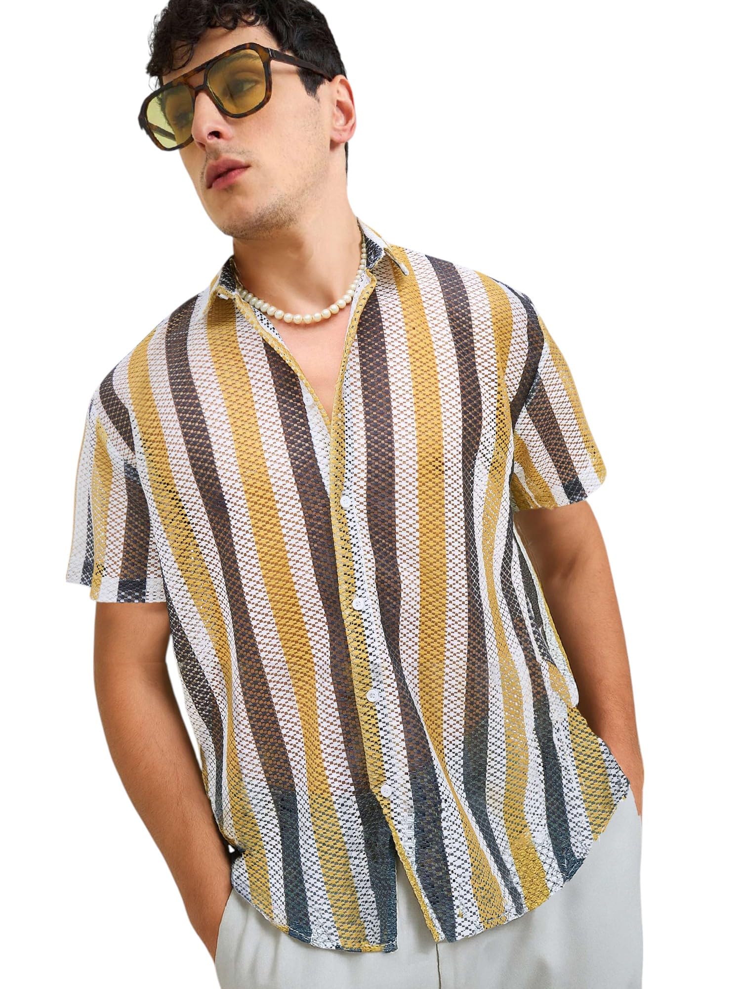 SASSAFRAS Mustard & White Stripes Crochet Shirt in white