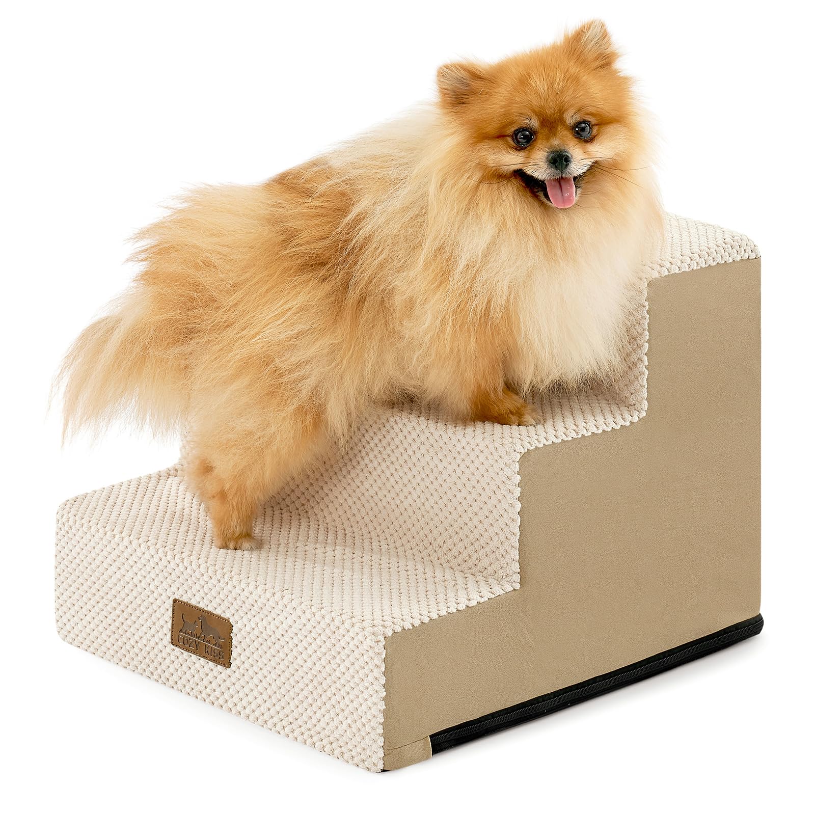 COZY KISS Escalera para Perros Pequeños, Escalera para Mascotas para Cama Sofá con Funda Lavable, Escalera para Gatos de Espuma de Alta Densidad (Caqui, 40x45x35cm, 3)