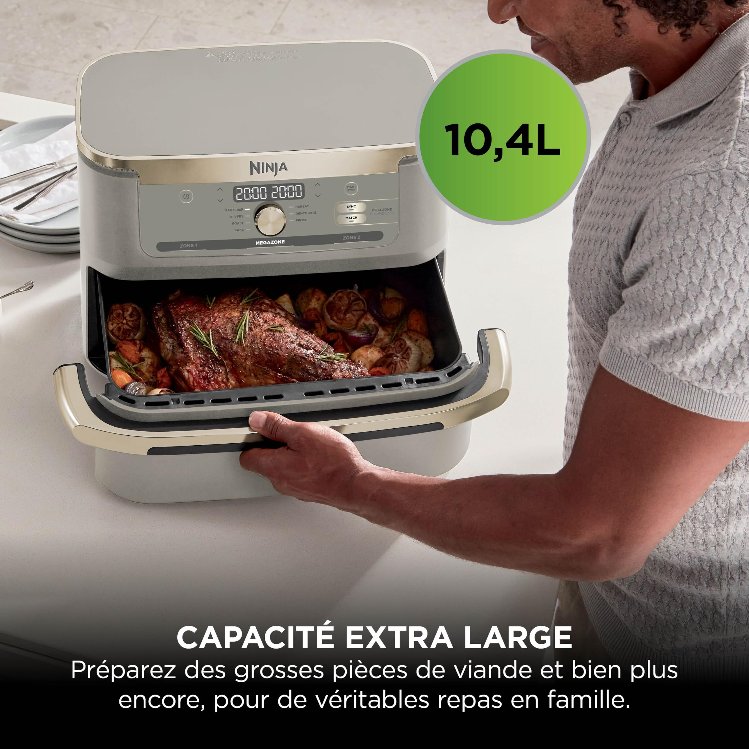 Ninja Foodi FlexDrawer Air Fryer, Dual Zone Avec Séparateur Amovible, Grand Tiroir de 10.4 L, 7-en-1, Double Zone, Sans Huile, Pièces Antiadhésives Compatibles Au Lave-Vaisselle, Stone/Or AF500EUSD