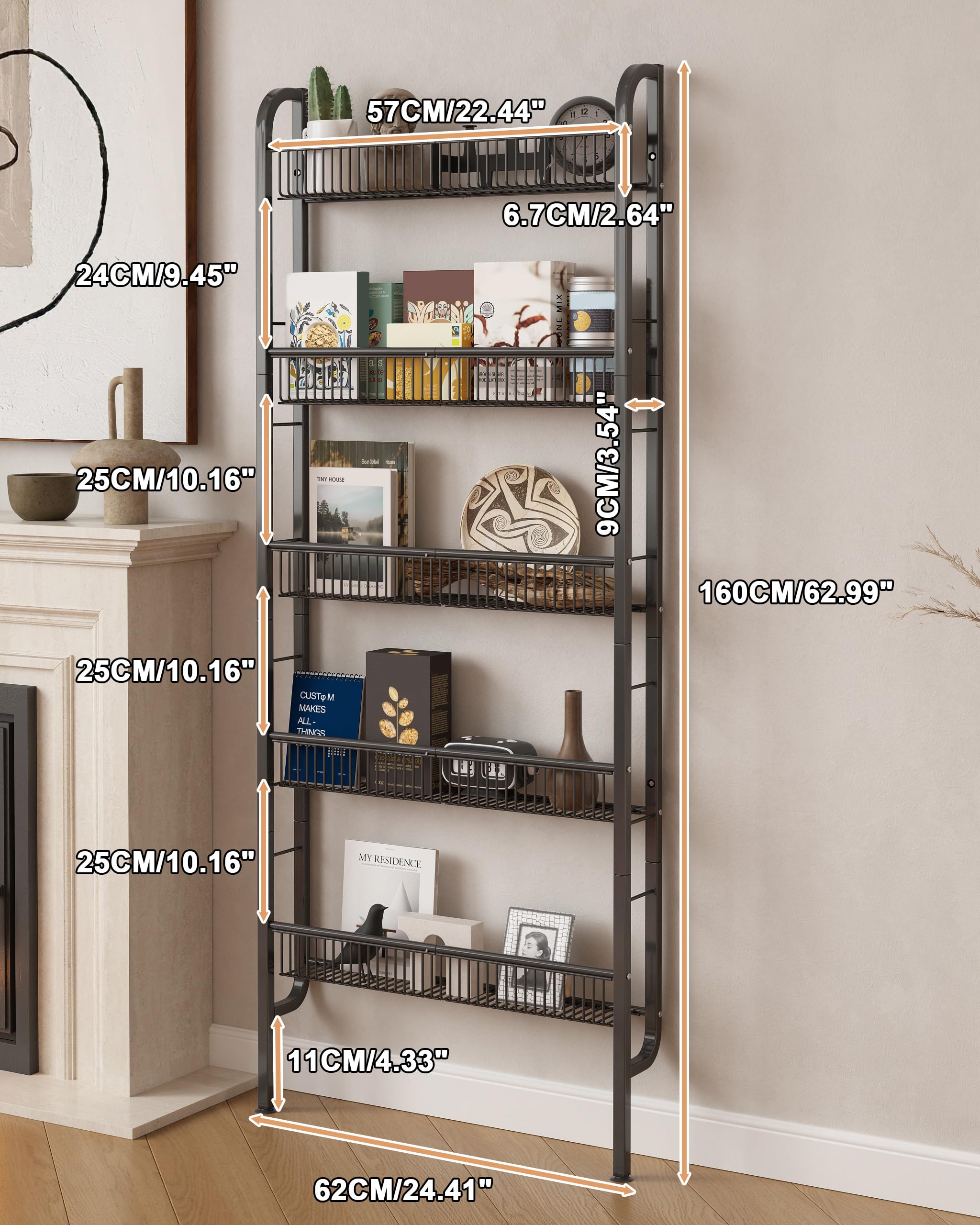 UMDONX Bücherregal gegen Wand, schmales 5 etagiges Metall Bücherregal, Leiterregal, multifunktional für Enge Räume, Schwarz（62 x 9 x 160 cm）