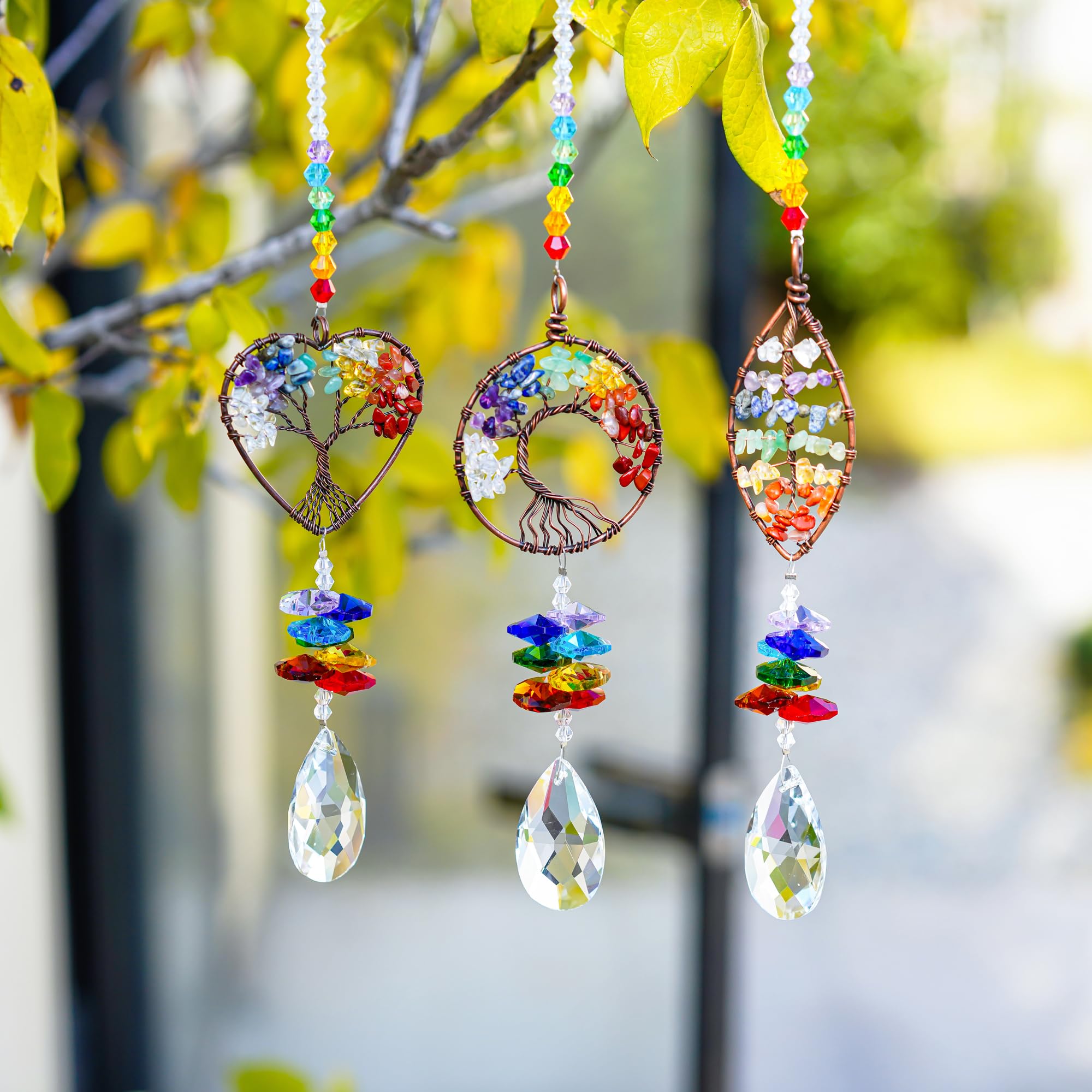 H&D HYALINE & DORA Crystal Rainbow Suncatcher Colorful Life Tree Pendant Hanging Prism Ornament for Window,Set of 3