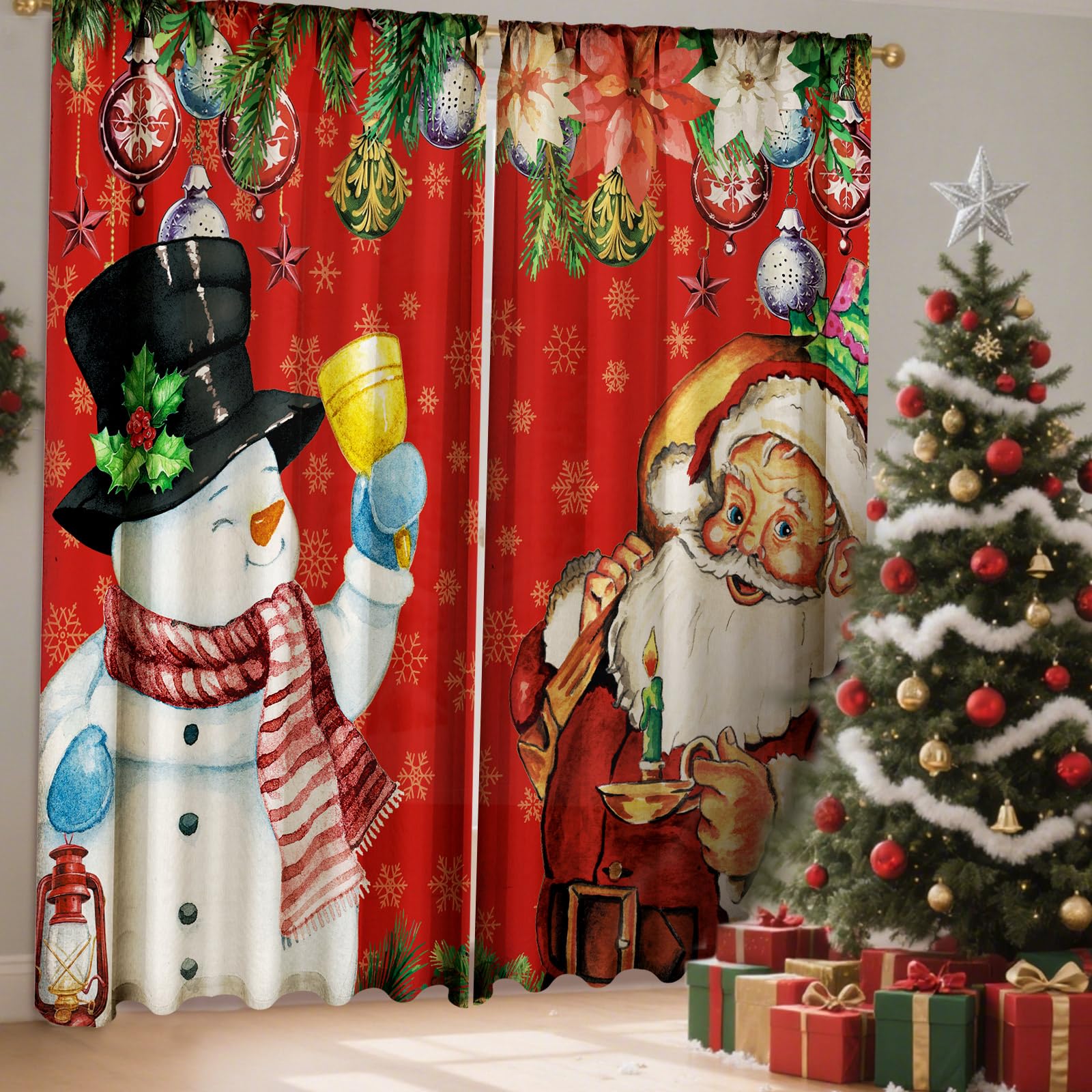 SmoothNovelty 2 Pcs Christmas Curtains for Living Room Snowman Santa Claus