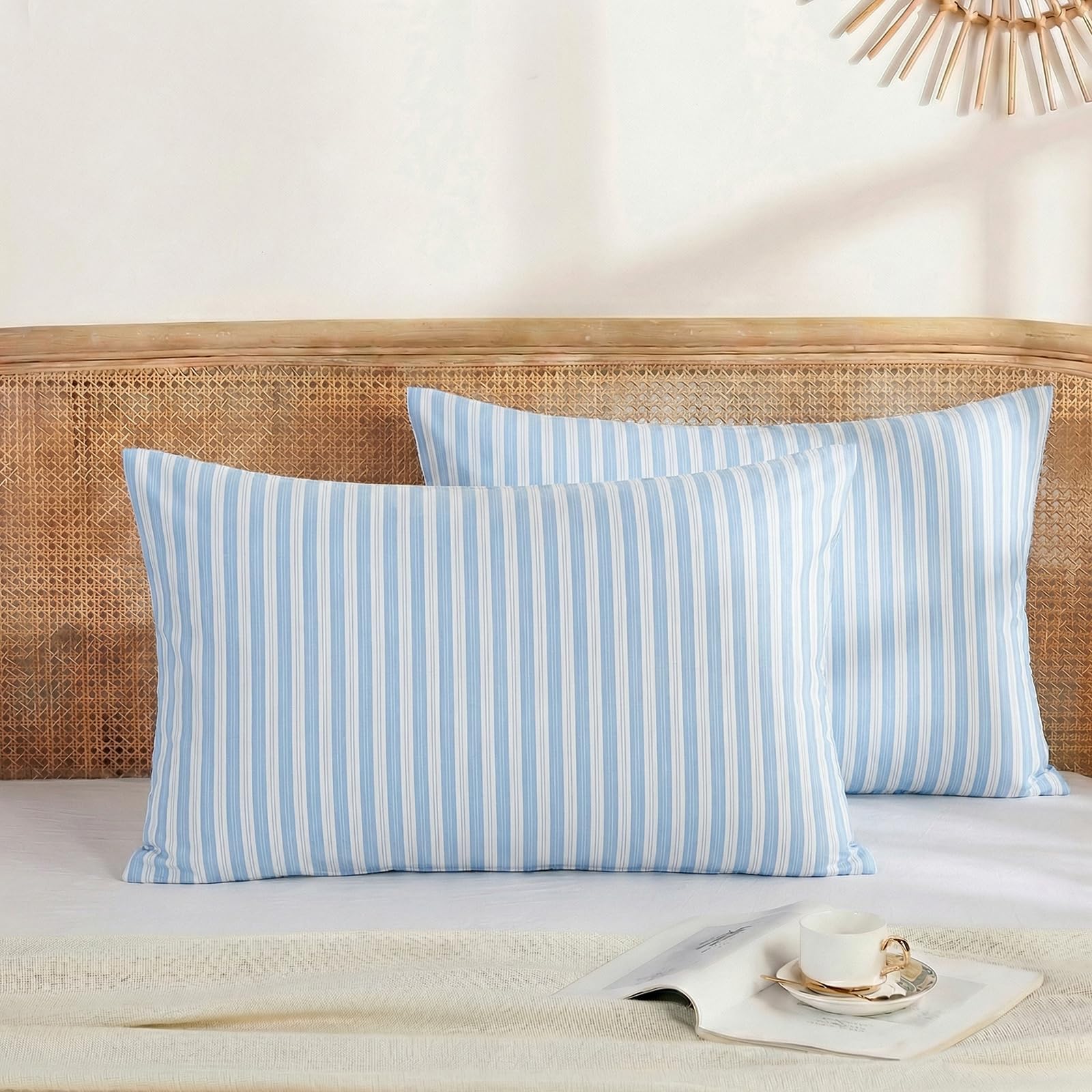 Herside Blue White Striped Pillowcases, 2pcs 50x75cm Pillowcase, 100% Cotton Pillow Case, Queen Size Pillow Cover, Soft Breathable Ribbon Stripe Pillow Covers — image 1