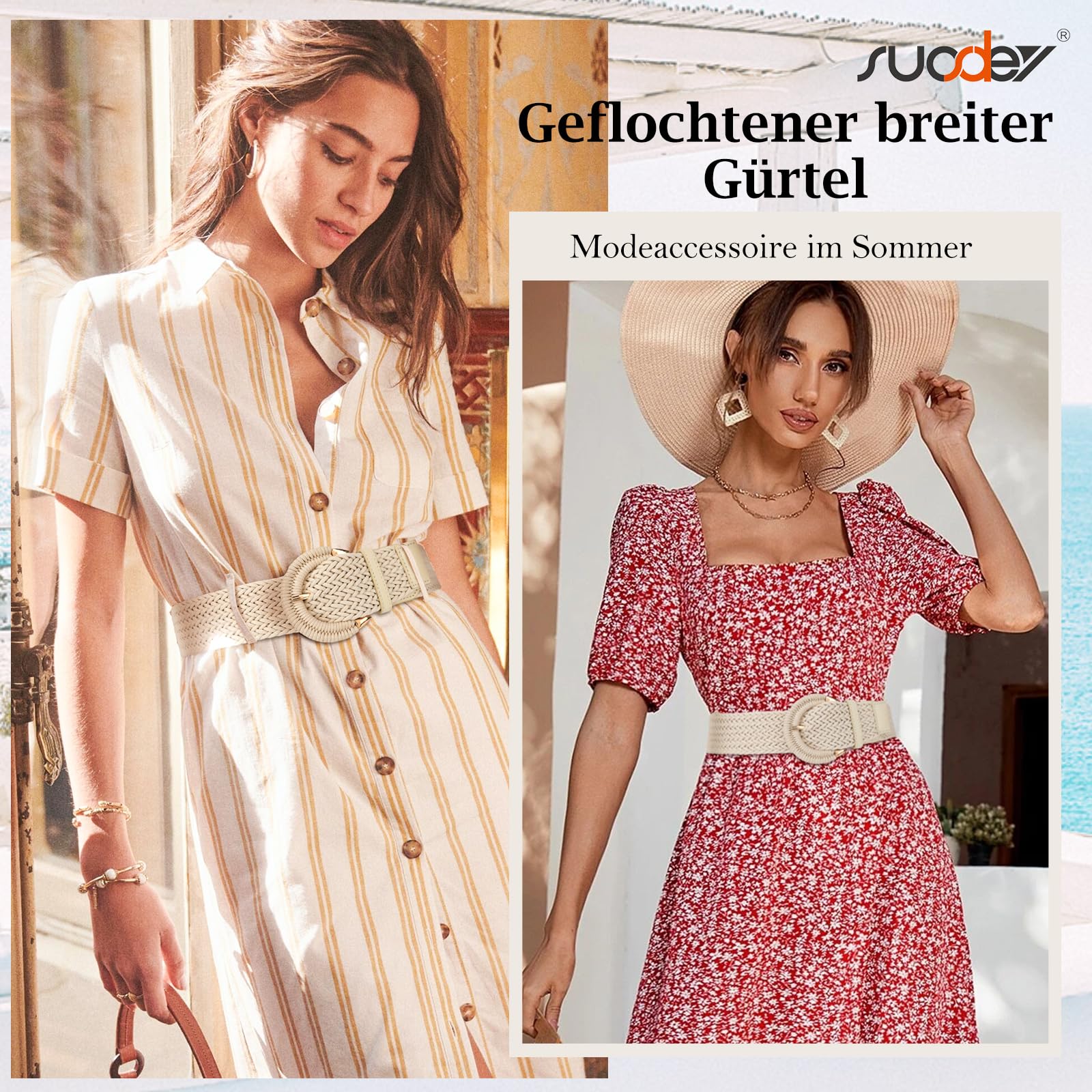 SUOSDEY Rattan-Flechtgürtel für Damen, breiter Taillengürtel für Kleider, gewebter Boho-Gürtel mit halbkreisförmiger Schnalle