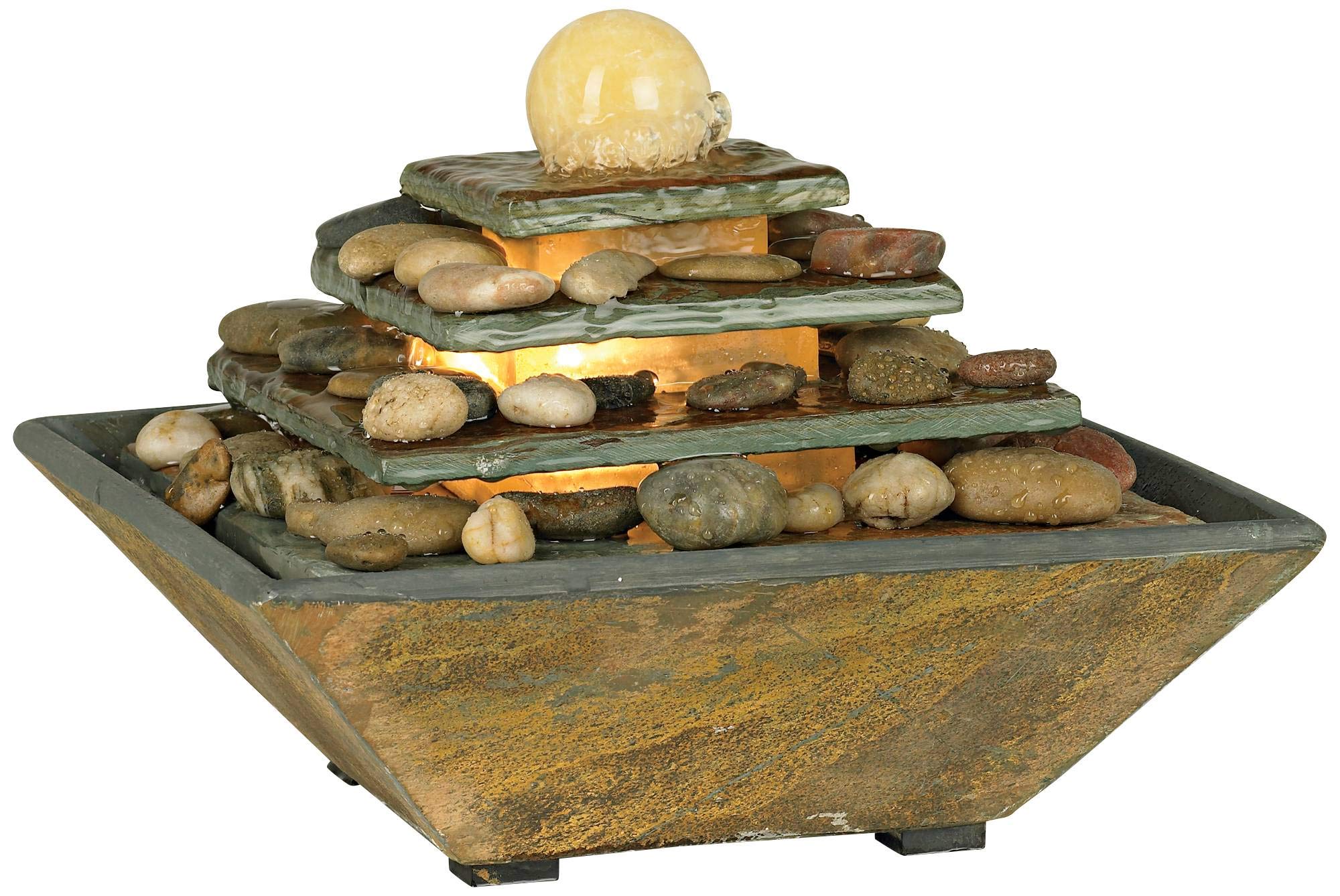 Pyramid 9" High Small Zen Modern Indoor Decor Slate Stone Tabletop Fountain with Light LED Waterfall Feng Shui Ball Water Feature for Desk Relaxation