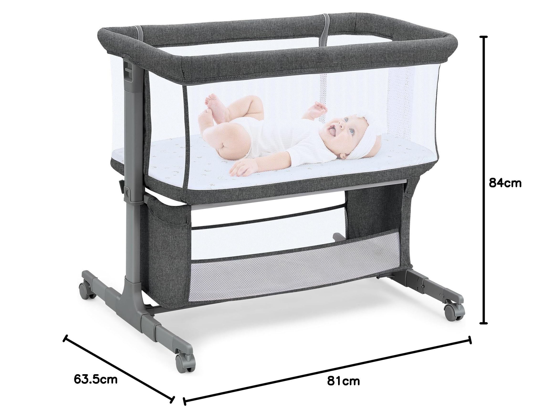 Culla Fianco Letto per Neonati, Lettino Co-Sleeper Regolabile in 7 Altezze con Ruote, Materasso e Cesto Portaoggetti, Culla Portatile per Camera da Letto grigio scuro
