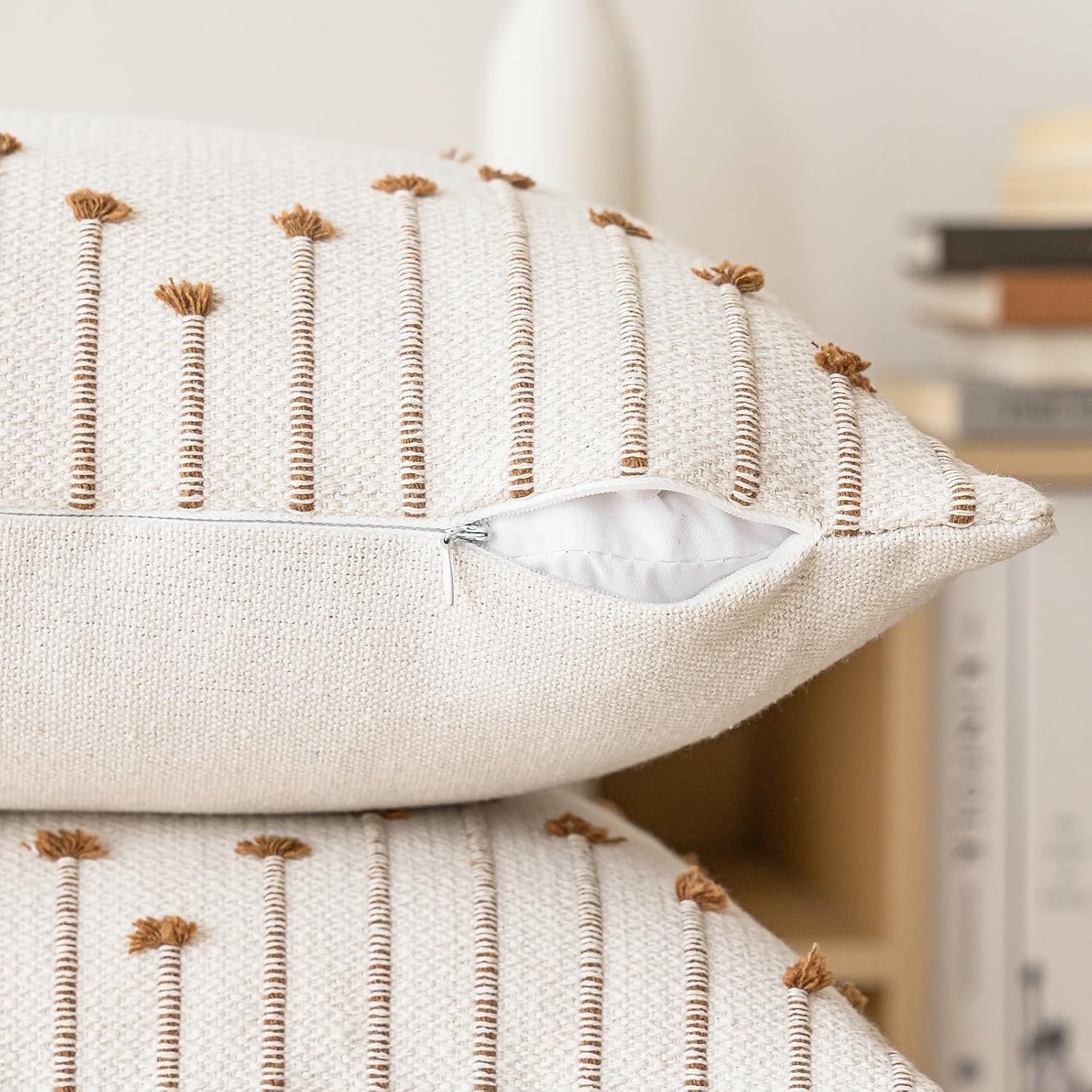 LILEPOY Boho Throw Pillow Covers 18x18 Set of 2 Neutral Decorative Textured Cushion Case Farmhouse Pillowcase Modern Square Pillow Covers for Sofa,Couch, Living Room,Beige and Brown - Image 3