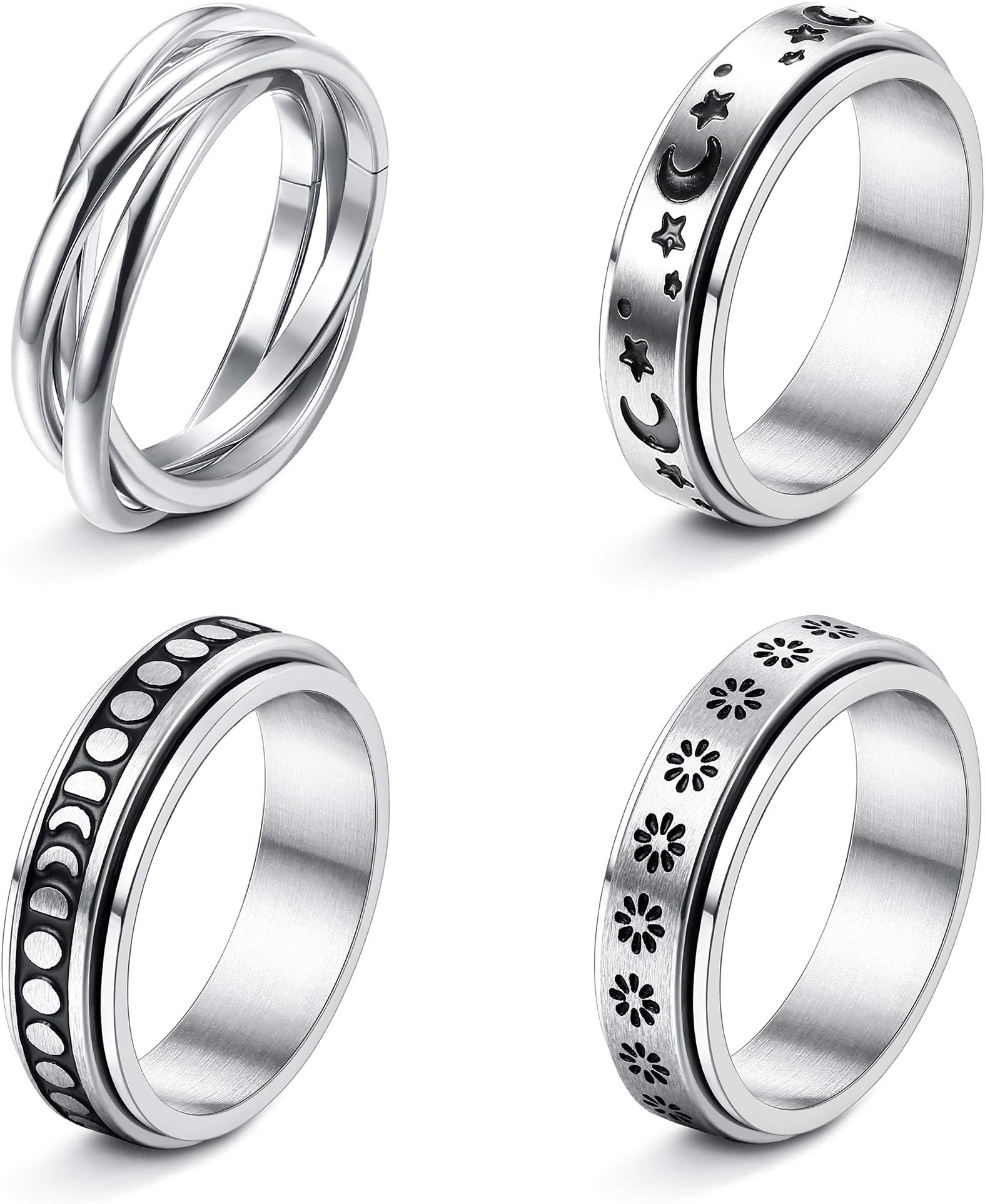 FUNRUN JEWELRY Stainless Steel Fidget Anxiety Ring for Women Men Fidget Spinner Rings Moon Star Celtic Stress Relieving Spinning Ring Wedding Band Rings Set,4-6Pcs