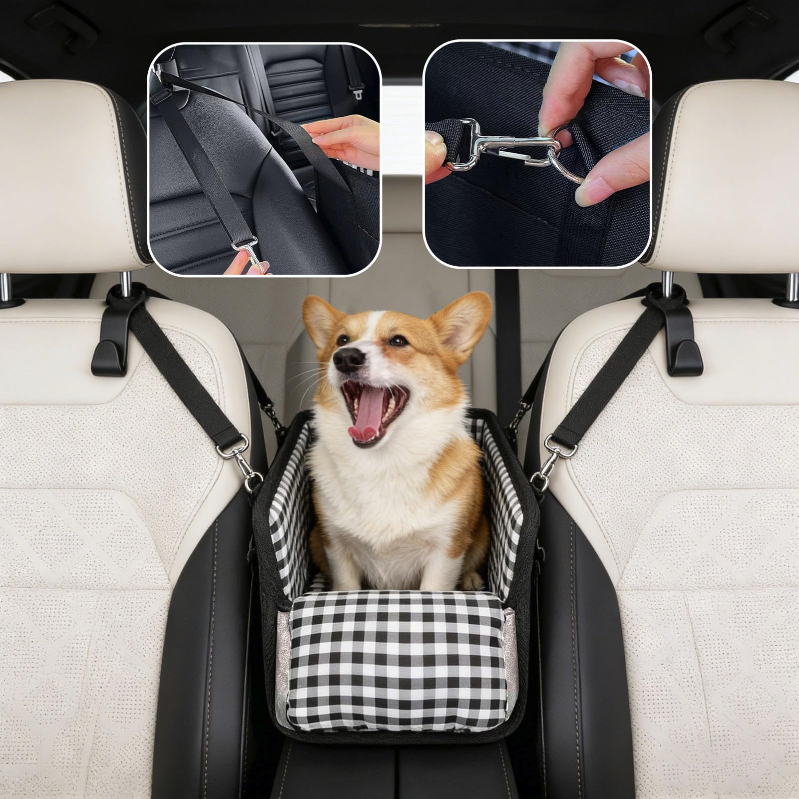 Siège auto pour petits chiens et chats, sûr sur le siège arrière, siège passager et console centrale, avec double fixation, pliable et portable, avec couvercle, lavable et installation facile, noir