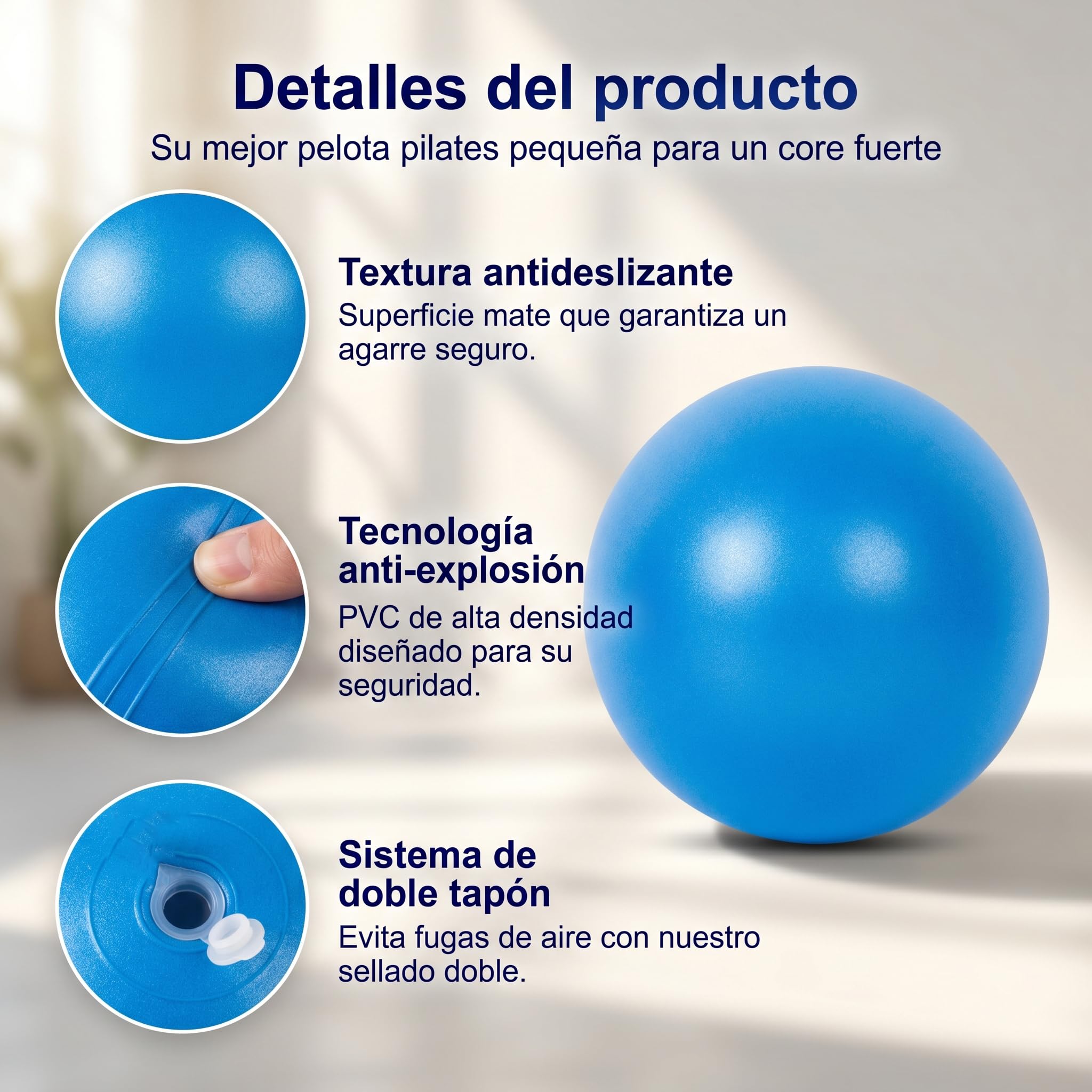 Pelota de Pilates pequeña 23/25 cm – Mini Pelota de Gimnasia Antideslizante y antiexplosión con válvula de inflado fácil. Ideal para Yoga, rehabilitación, Embarazo y Equilibrio en casa