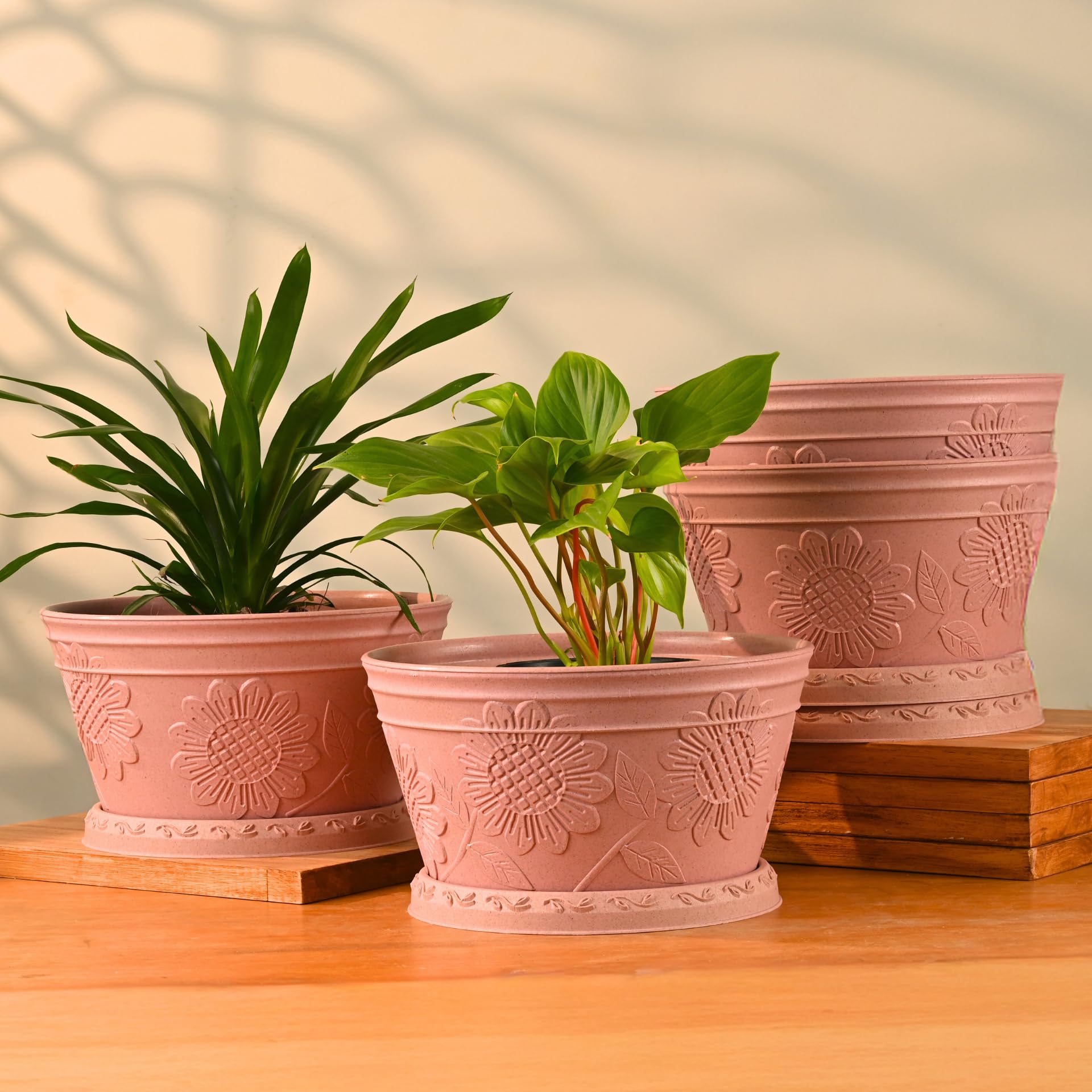 Eha Earth Friendly Nile Planter 9.5 inch Planters for Home Decor| Bamboo Based Plant Pot | Pack of 4 | UV Protected Pot for Plant | Flower Pot for Living Room, for Outdoor and Indoor | Innocent