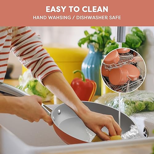 Miniatura 4 de CIARRA Sartén de cerámica antiadherente, no tóxico, sin PTFE ni PFOA, apto para horno y compatible con todas las estufas, 10.2 pulgadas, naranja