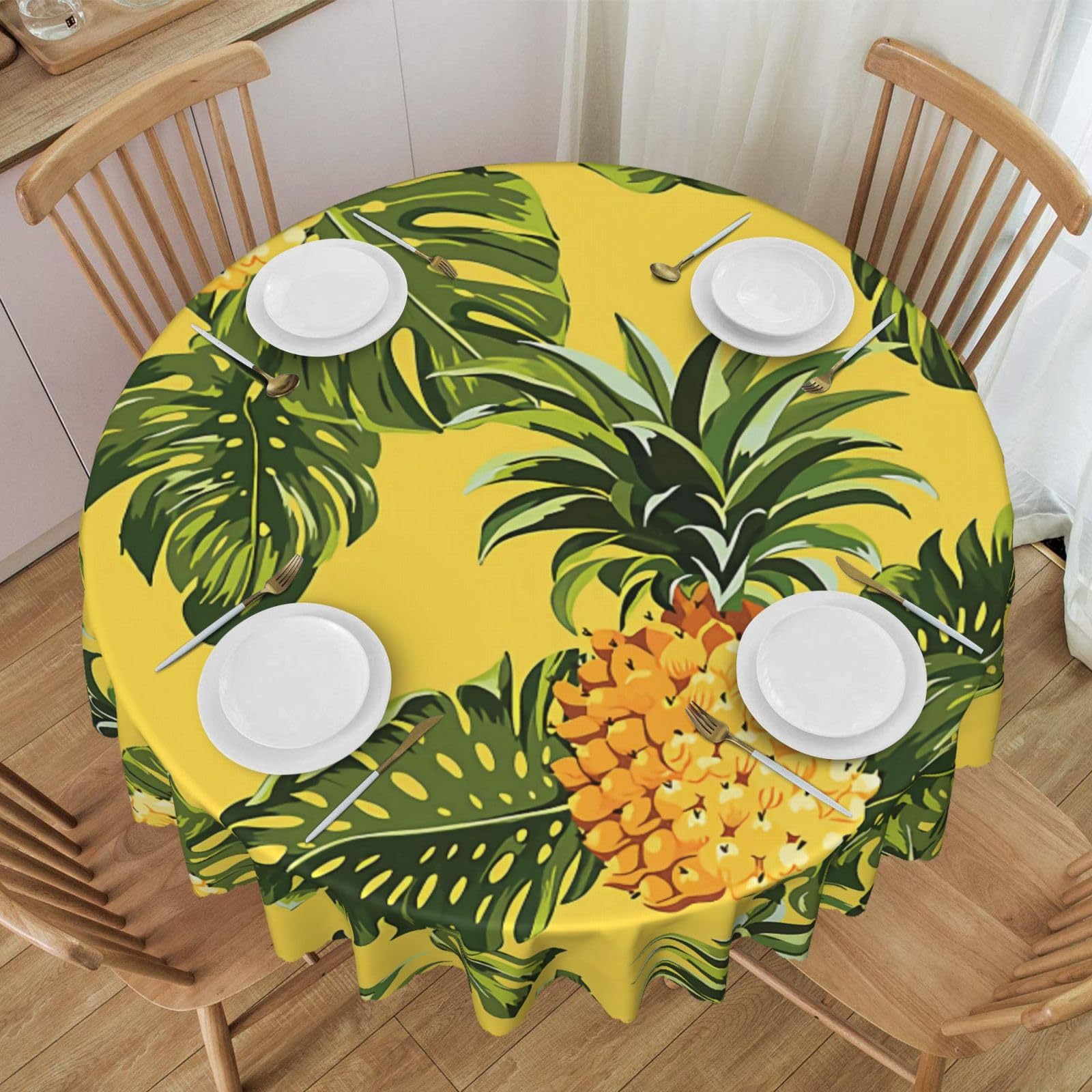 DCEHGEW 60 In Round Tablecloth with Lace, Yellow Pineapple Printed Oilproof & Washable Fabric Picnic Table Cloth Table Covers