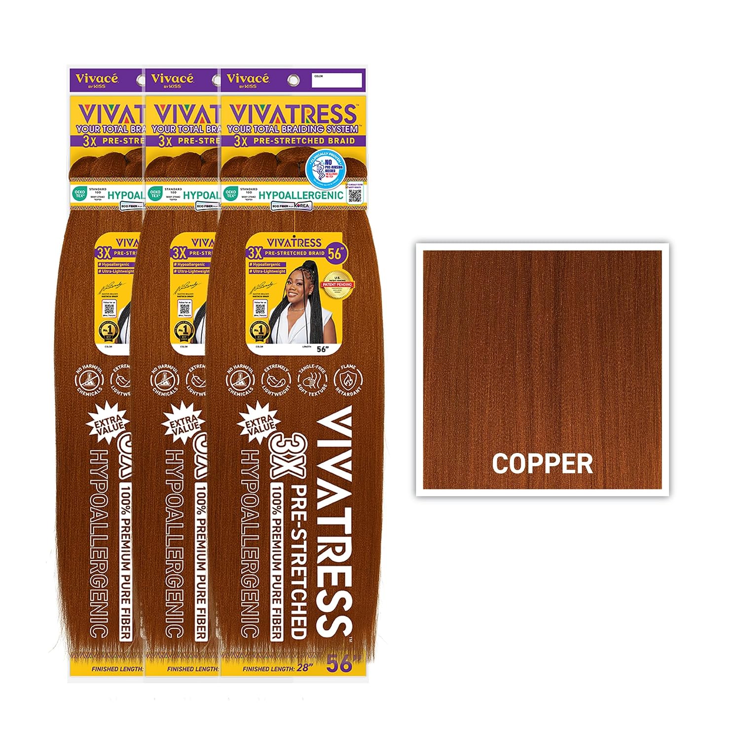 3X VIVATRESS Pre-Stretched Braiding Hair ñ Lightweight, Soft Yaki Texture, Hypoallergenic Synthetic Fiber for Protective Styles (56", Copper, 3 Pack)
