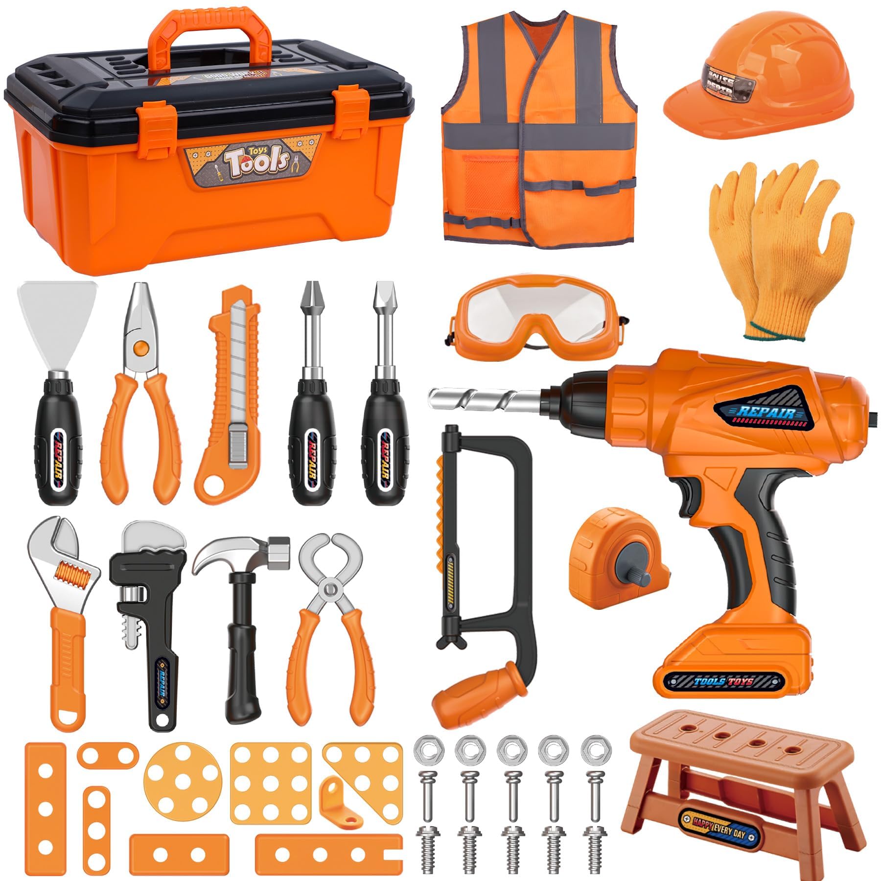 Magic4U 49PCS Werkzeugkoffer Kinder,Werkzeugkasten,Bauwerkzeug Spielzeug,Kinder Werkzeug Spielzeug Set,Werkzeugkoffer Weste Hammer Bauhelm Spielzeug Junge Mädchen ab 3 4 5 6 7 8 Jahre