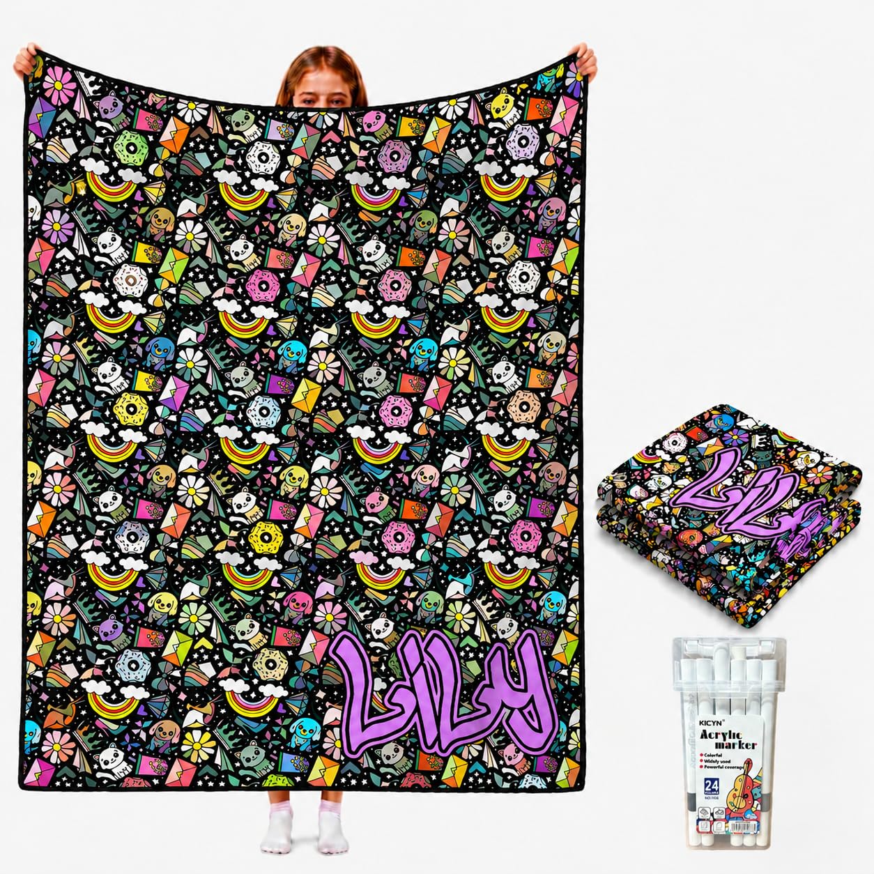 Personalised DIY Colouring Blanket for Adults with 24 Colour Markers, Custom Colour Your Own Throw Blanket, Fun Creative Stress Relief Activity, Home Decor Perfect Gifts for Women Friends Family
