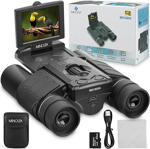 Minolta Binoculares digitales de 10 x 25 – Cámara de video 4K UHD, foto de 48 MP, zoom digital 8X, pantalla IPS antirreflejo, óptica resistente a la
