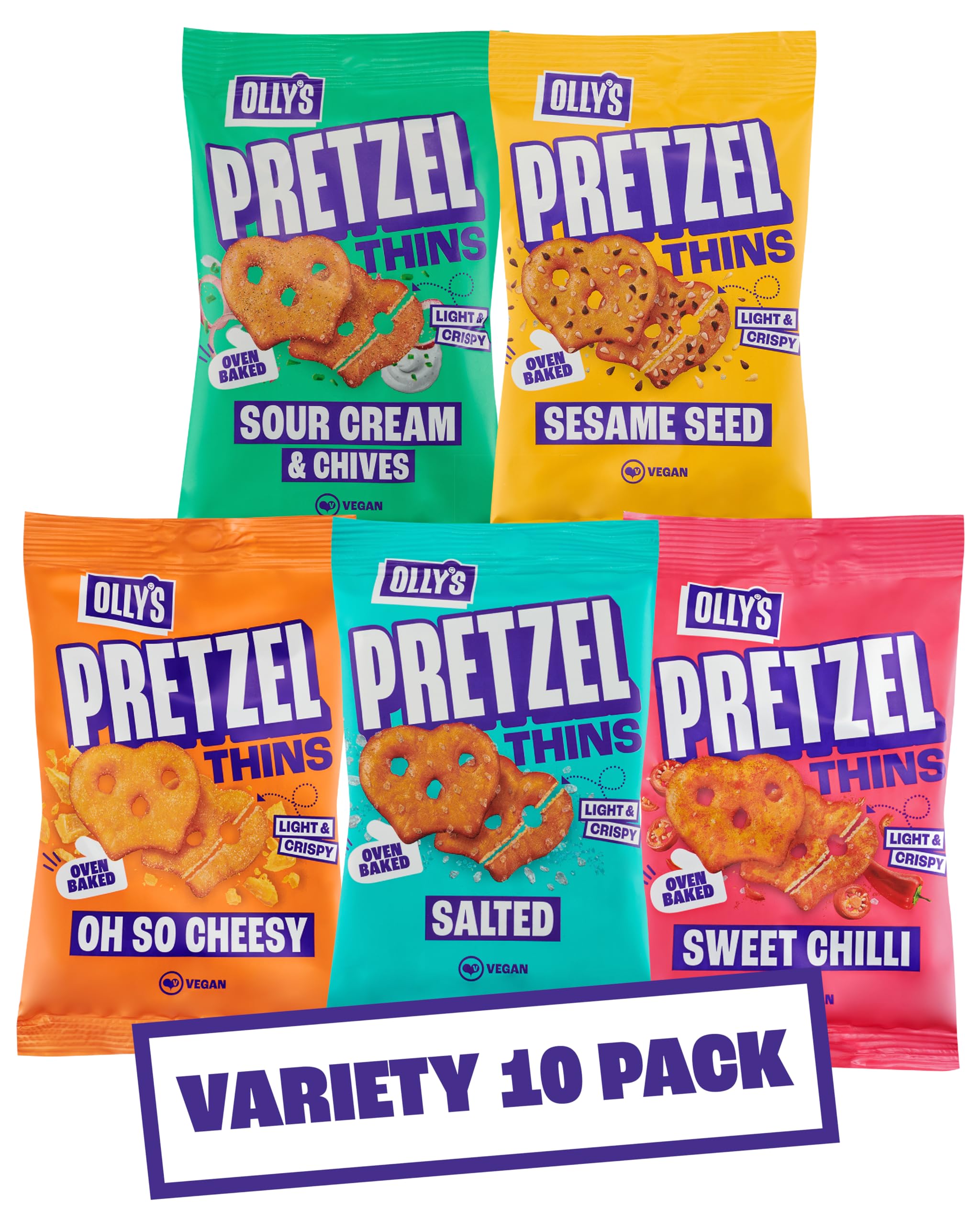 Olly's Pretzel Thins, lot de 10 variétés de 35 g, 2 salés, 2 graines multiples, 2 crèmes sures, 2 piments doux, 2 collations au fromage, faible en calories, faible en gras, source de fibres, sans