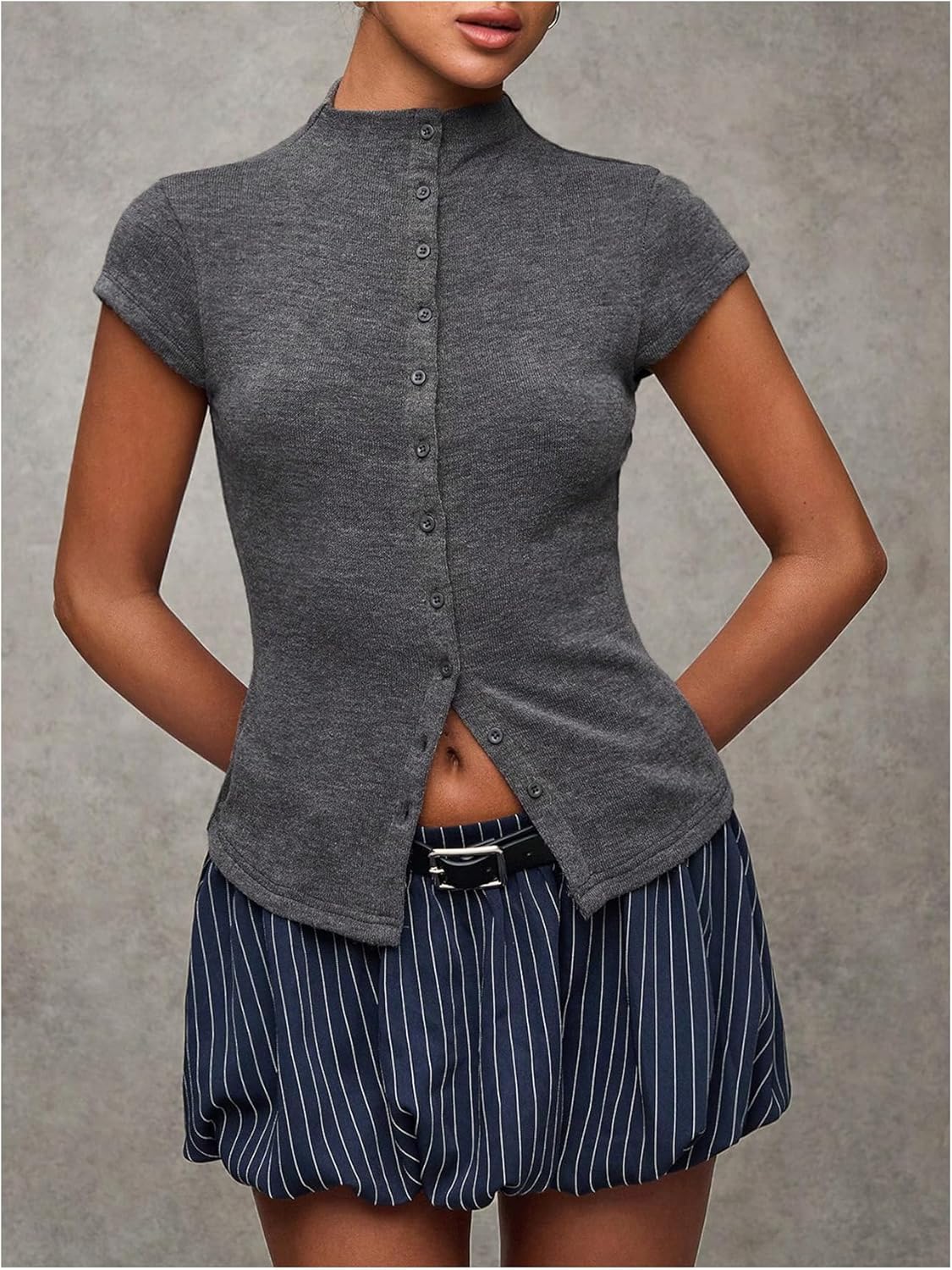 Milumia Women's Cap Sleeve Knit Top Mock Neck Button Down Slim Fit Casual Sweater Tops - Image 5