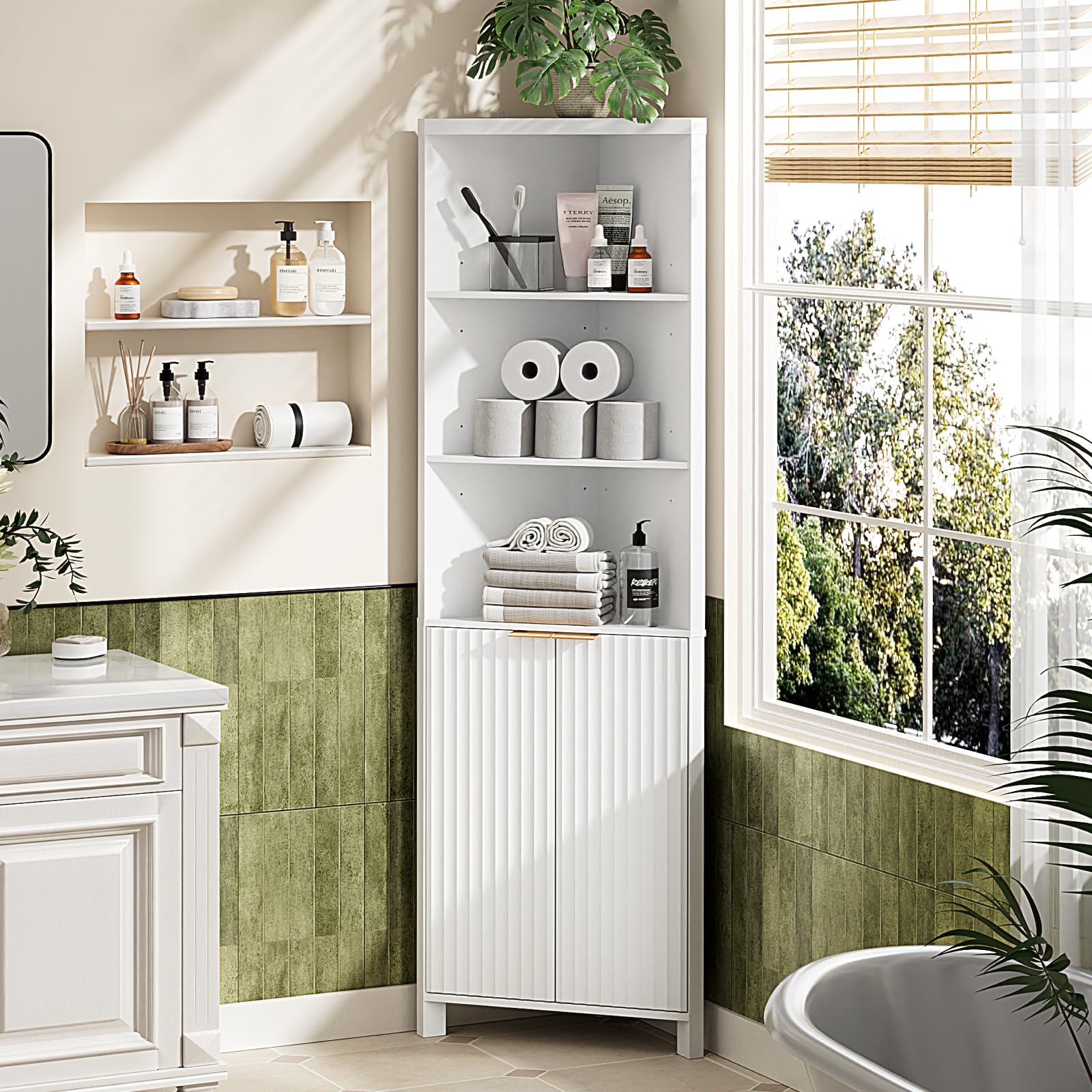 VINGLI Tall Corner Cabinet with Fluted Doors